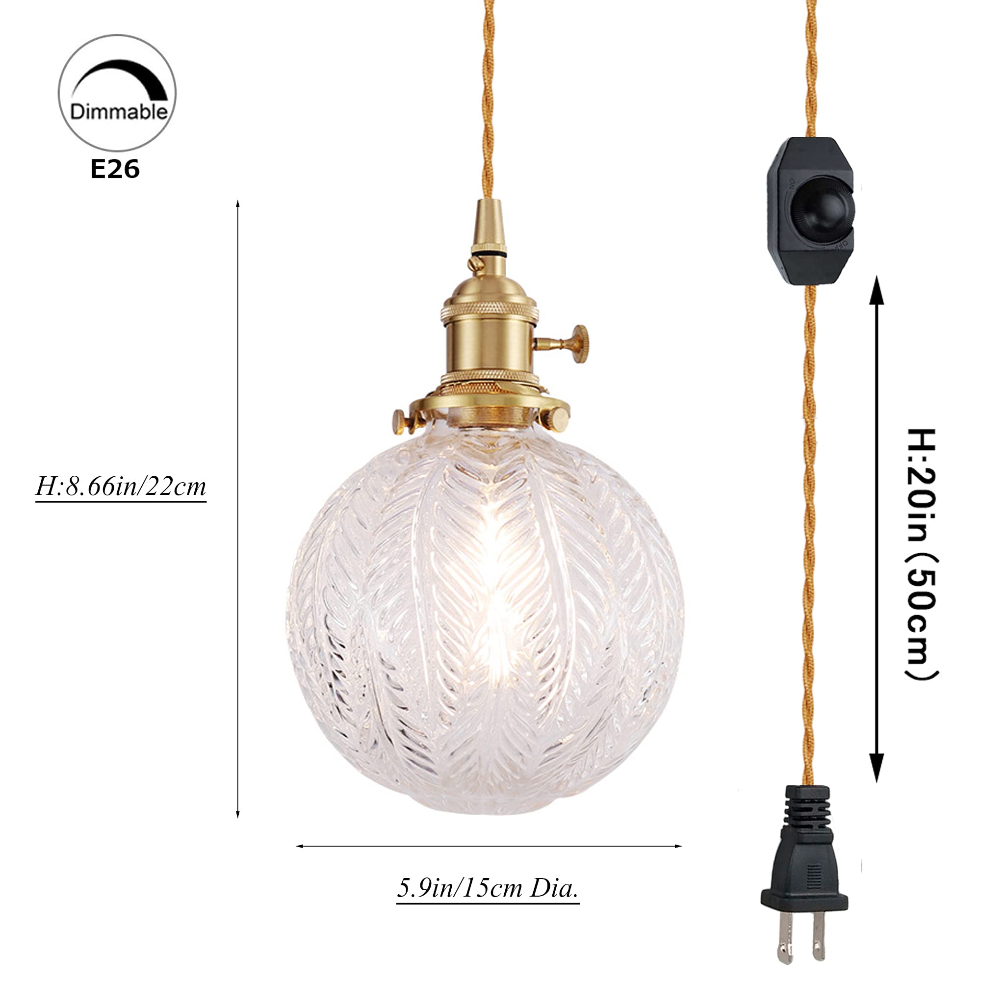 Plug-in Hanging Swag Lamp with 15ft Gold Braided Cord - No Wiring Needed, Dimmable Pendant Light with Clear Glass Globe Shade & Copper Holder - Perfect for Bedroom, Living Room, or Reading Nook Lighting