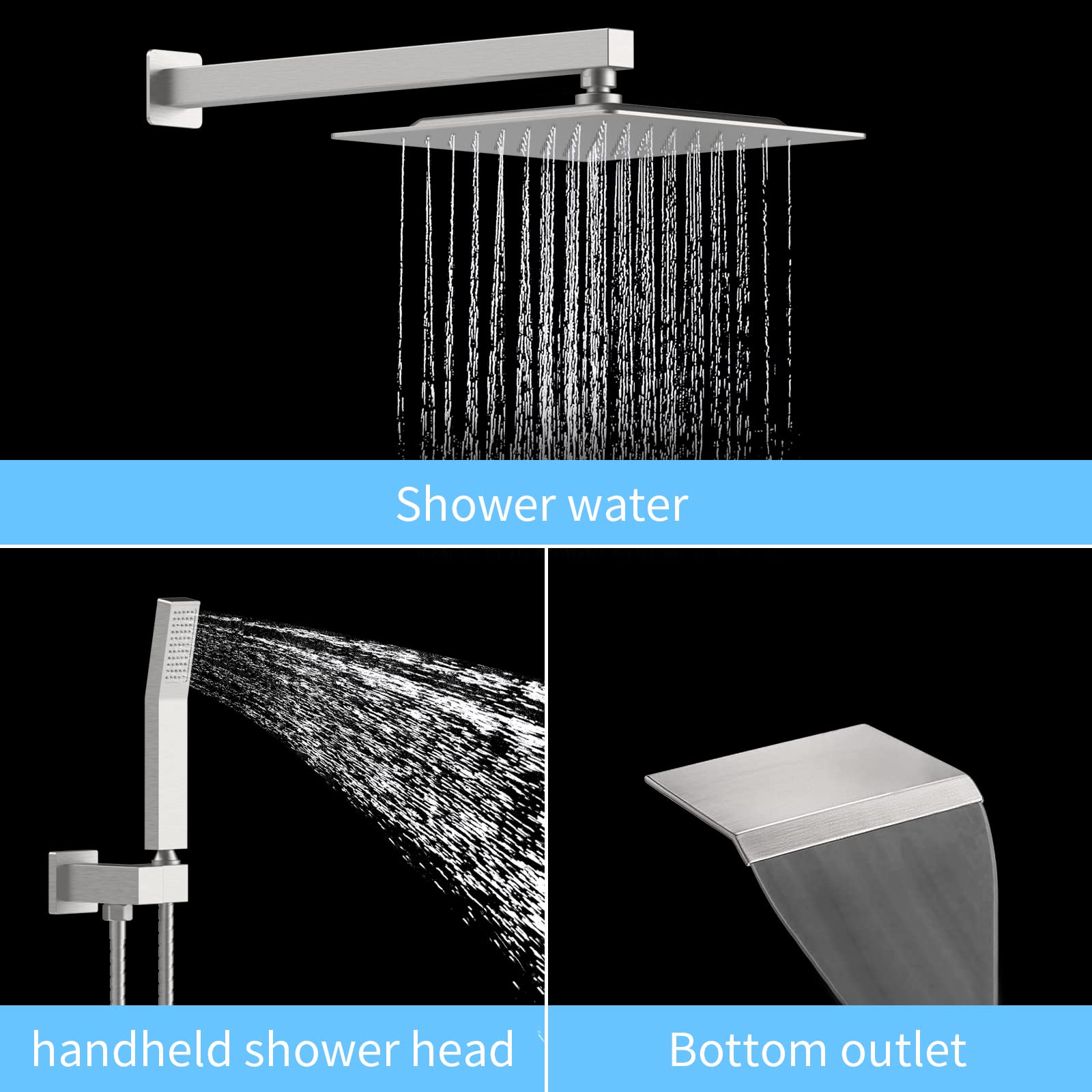 10 Inch Square Rainfall Shower System - Brushed Nickel Tub Shower Faucet Set with Handheld Sprayer, Waterfall Tub Spout & Pressure Balance Valve | Luxury Bathroom Upgrade for Spa-Like Experience