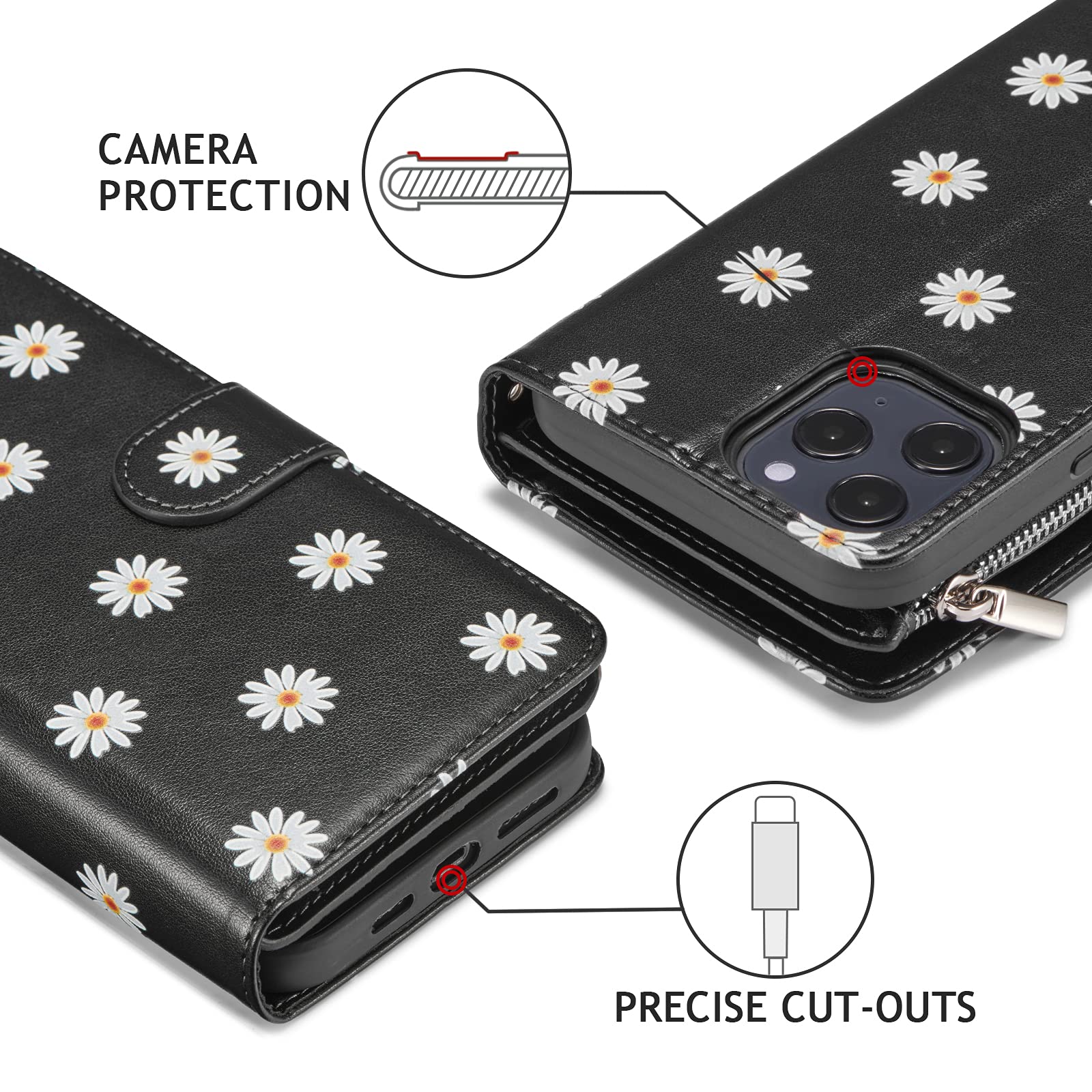 UEEBAI Premium PU Leather Wallet Case for iPhone 13 Pro Max - Magnetic Closure, Zipper Pocket, Kickstand & Card Slots with Hand Strap | Stylish Daisy Black Flip Case for Women | Perfect for Daily Use, Travel & Shopping