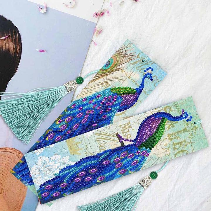 4-Piece 5D Diamond Painting Bookmark Set - Peacock Rhinestone Beaded Bookmarks with Tassel & Tools | DIY Craft Gifts for Readers, Book Lovers, Students & Teachers | Perfect for Reading, Journals, Bible Study & Book Clubs