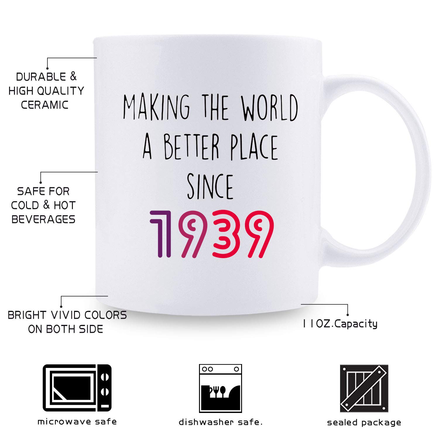 80th Birthday Gifts for Women 1939 - Personalized 11oz Coffee Mug for Mom, Wife, Sister, Friend, Colleague | Unique 80 Years Old Birthday Present | Perfect for Tea, Coffee & Office Use