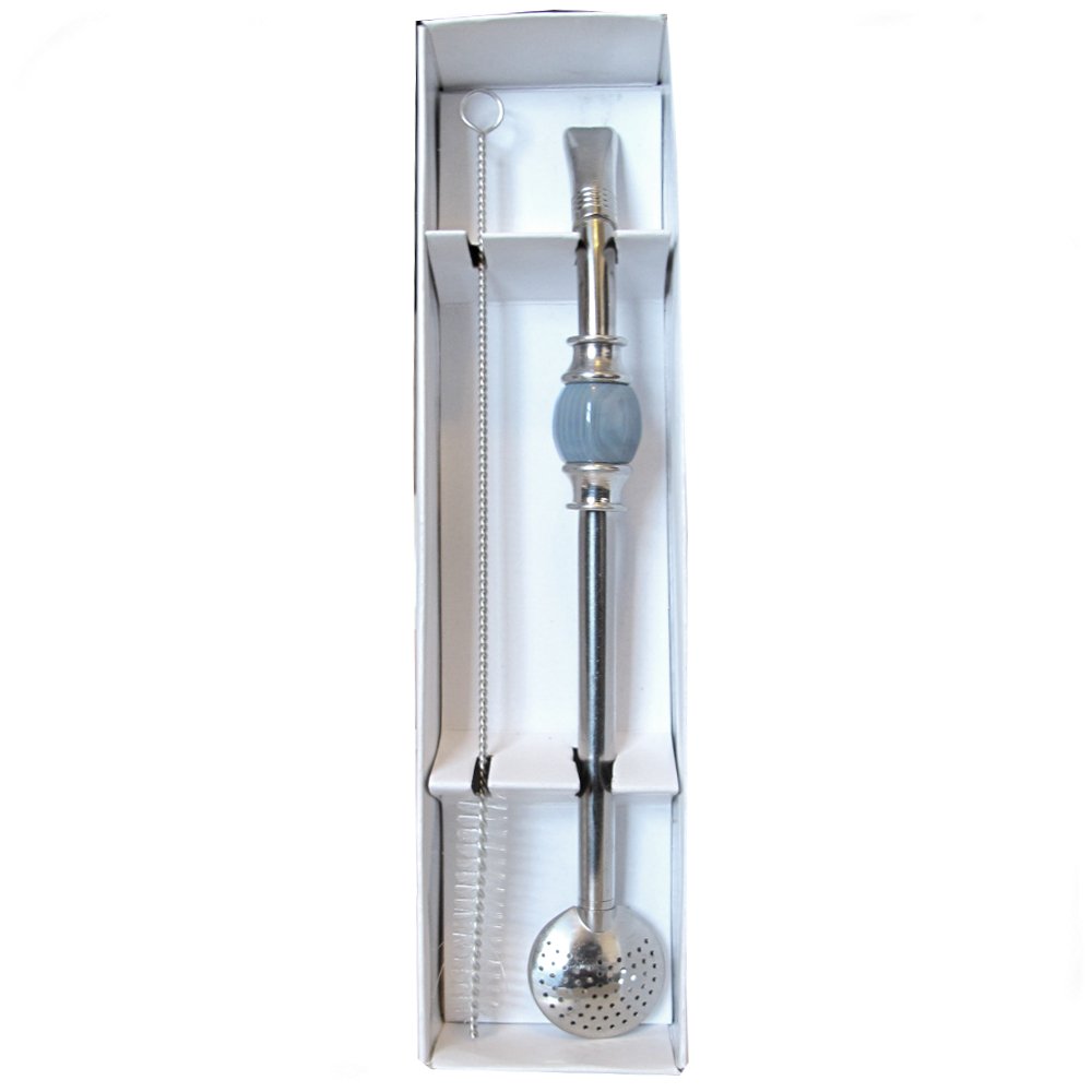Premium Brazilian Bomba Bombilla with Grey Beads - Stainless Steel Yerba Mate Straw for Traditional Tea Drinking & Social Gatherings
