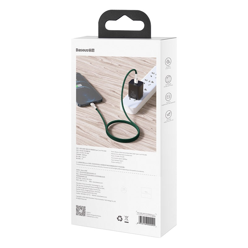 Baseus Cafule Premium 2M Green Metal Fast Charging Cable USB-C to Lightning 20W - Perfect for iPhone, iPad & Quick Charging at Home, Office or Travel