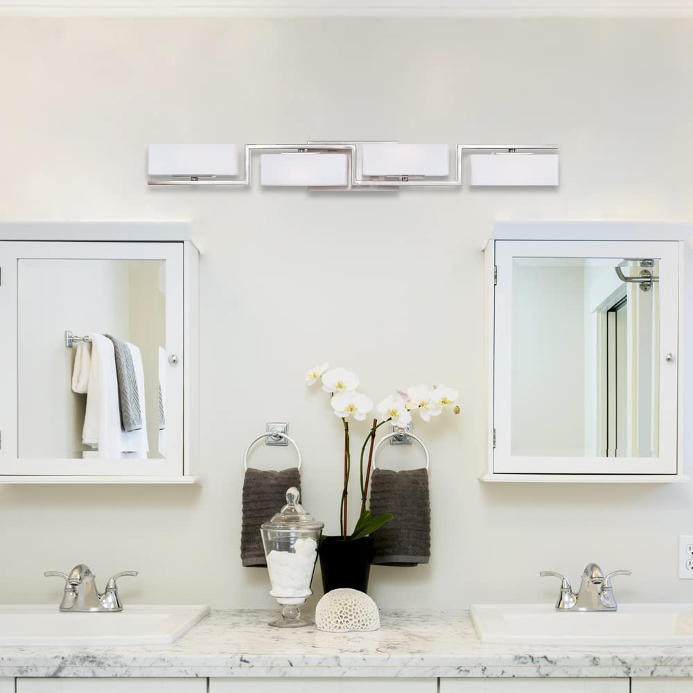Designers Fountain 6714-SP 33.75 Inch Meridian 4-Light Bathroom Vanity Light Fixture in Satin Platinum - Perfect for Modern Bathroom Makeovers & Spa-Like Lighting