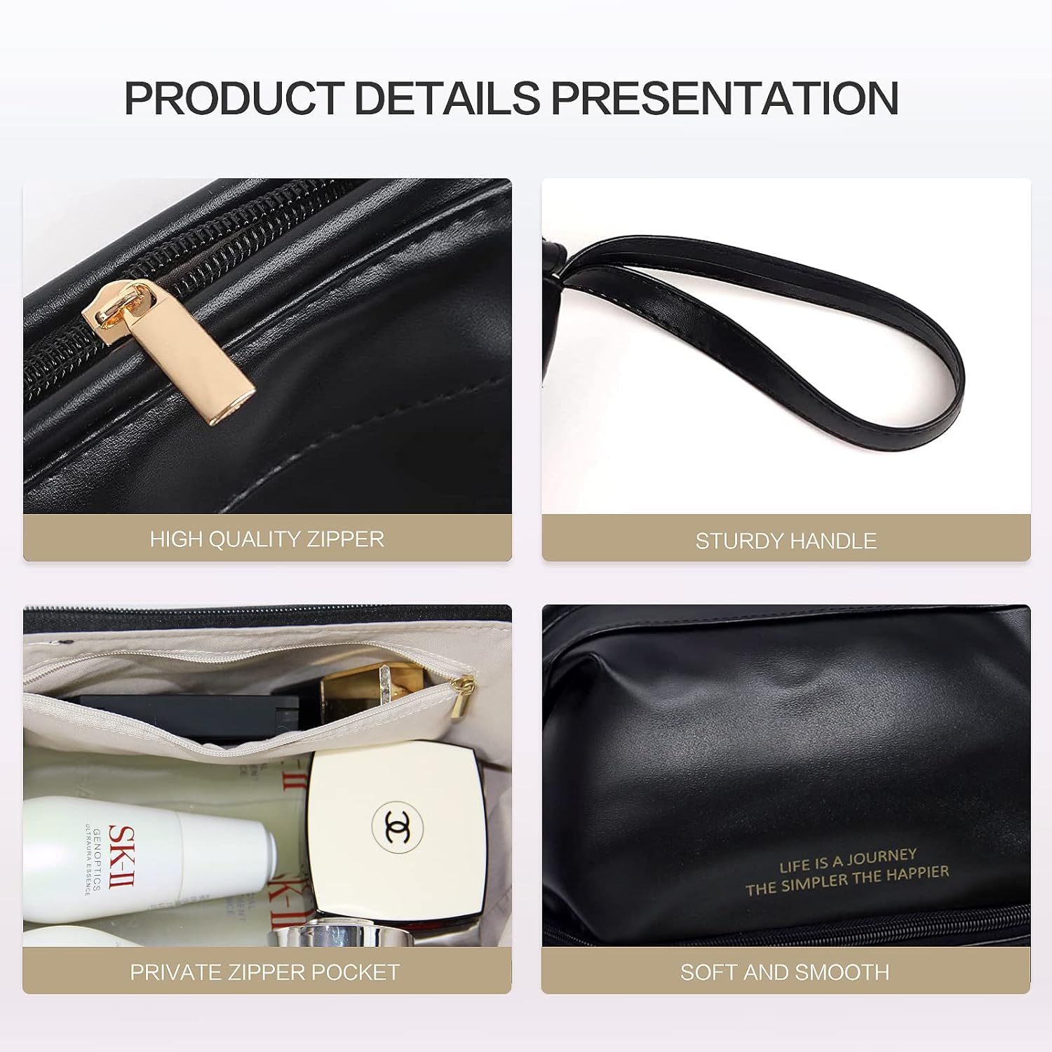 RAJA DHIRAJ Travel Makeup Bag - Double Layer Cosmetic Organizer with Large Zipper Pouch | Waterproof Leather Toiletry Bag for Women & Girls (Black) | Perfect for Travel, Gym & Daily Use