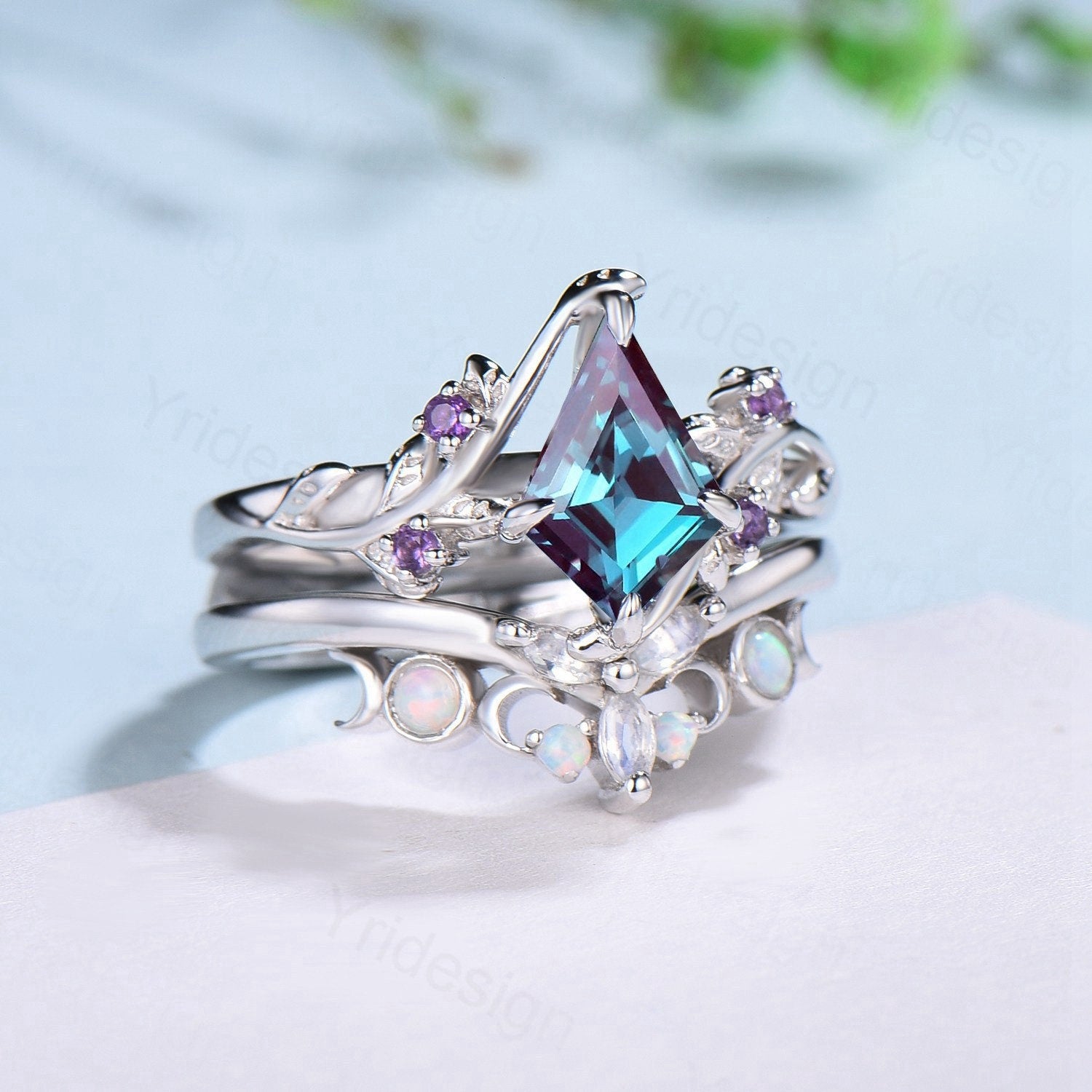 Nature Inspired Alexandrite Kite Engagement Ring Set with Twig Cluster & Amethyst Wedding Band | Vintage Marquise Moonstone Opal Stacking Rings for Women | Perfect for Boho Weddings, Anniversary Gifts & Everyday Jewelry