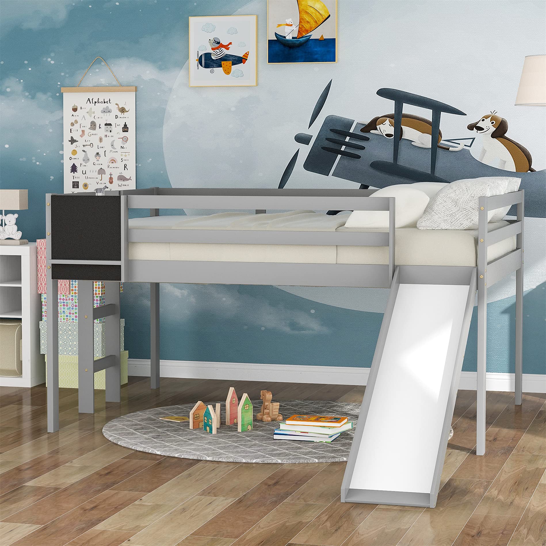 **Full Size Kids Loft Bed with Slide, Ladder & Chalkboard - White Wood Low Loft Bed Frame for Bedroom, Living Room or Guest Room - Perfect for Playtime & Sleepovers**