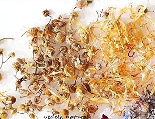 VÉDELA Naturals Chamomile Bath Salt with Herbs, Sea Salt & Pink Salt - Epsom Bath Soak for Relaxation & Stress Relief - 300g for Women - Perfect for Spa Nights, Self-Care & Gift Giving