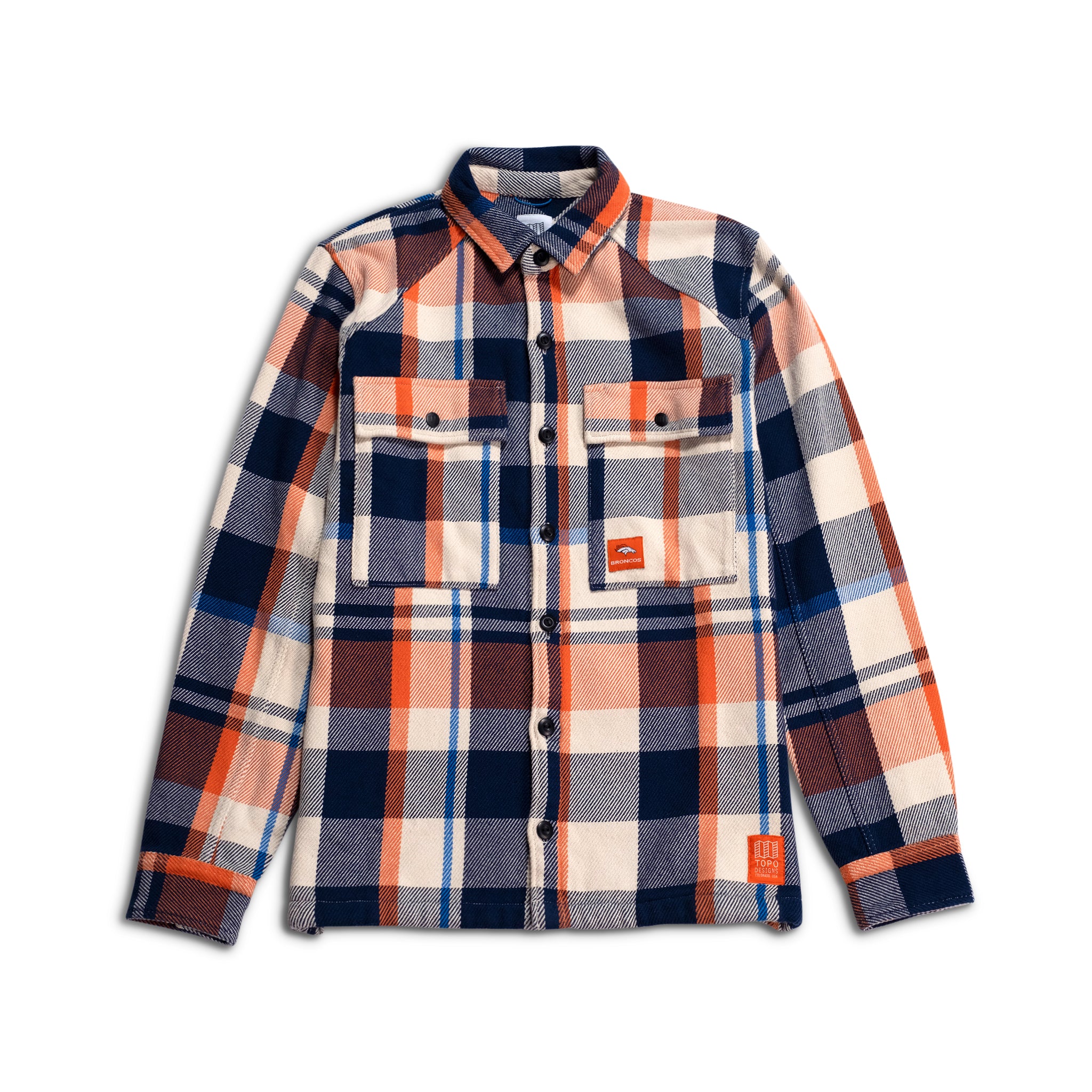 Topo Designs x Denver Broncos Mountain Shirt Jacket - Water-Resistant Outdoor Flannel Shirt for Hiking & Camping - Men's Casual Button-Up Shirt for Game Day & Fall Fashion
