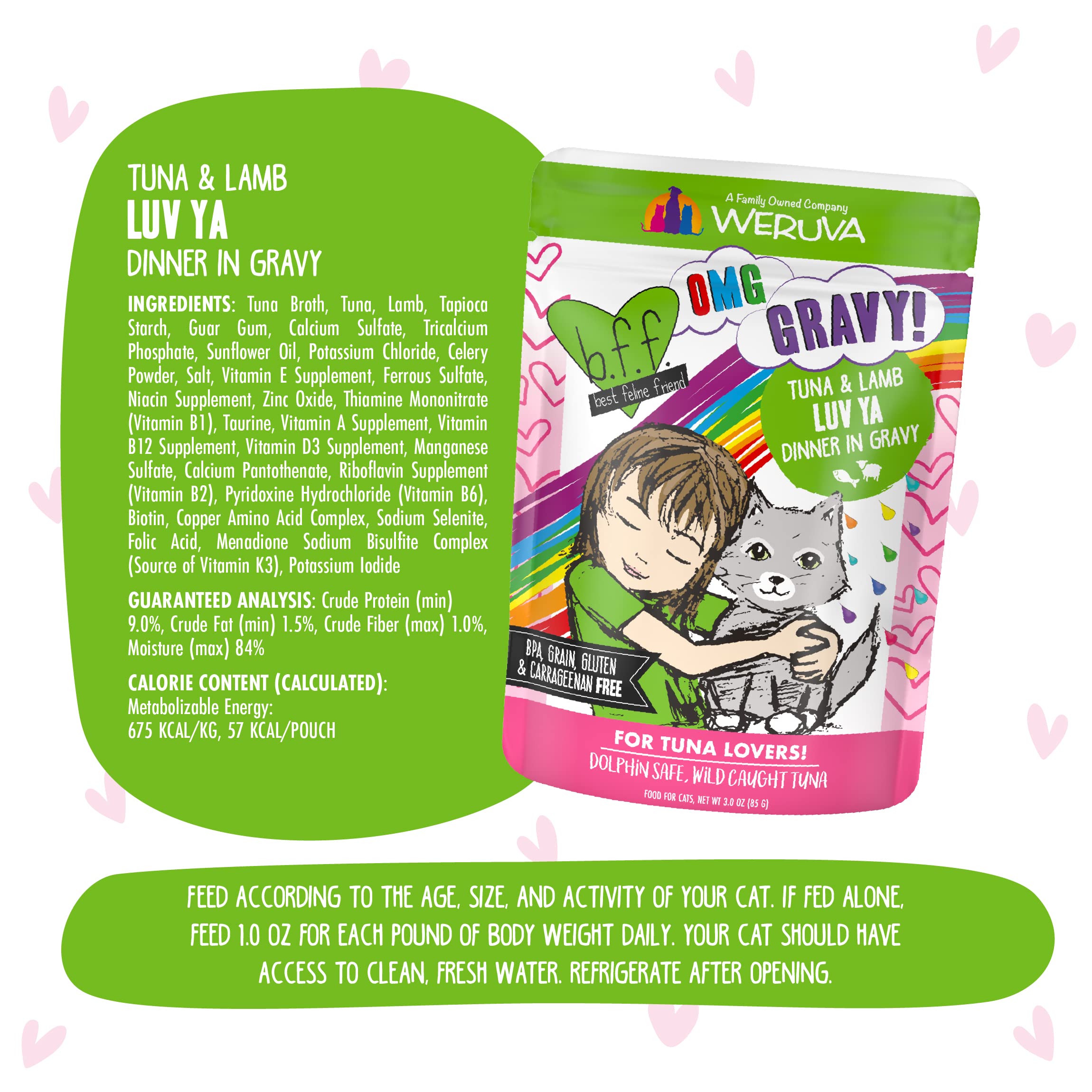 Weruva B.F.F. OMG Best Feline Friend Oh My Gravy! Tuna & Lamb Luv Ya Cat Food in Gravy - Grain-Free Wet Cat Food Pouches, 3oz (Pack of 12) - High Protein Meal for Adult & Senior Cats - Perfect for Picky Eaters & Hydration Support