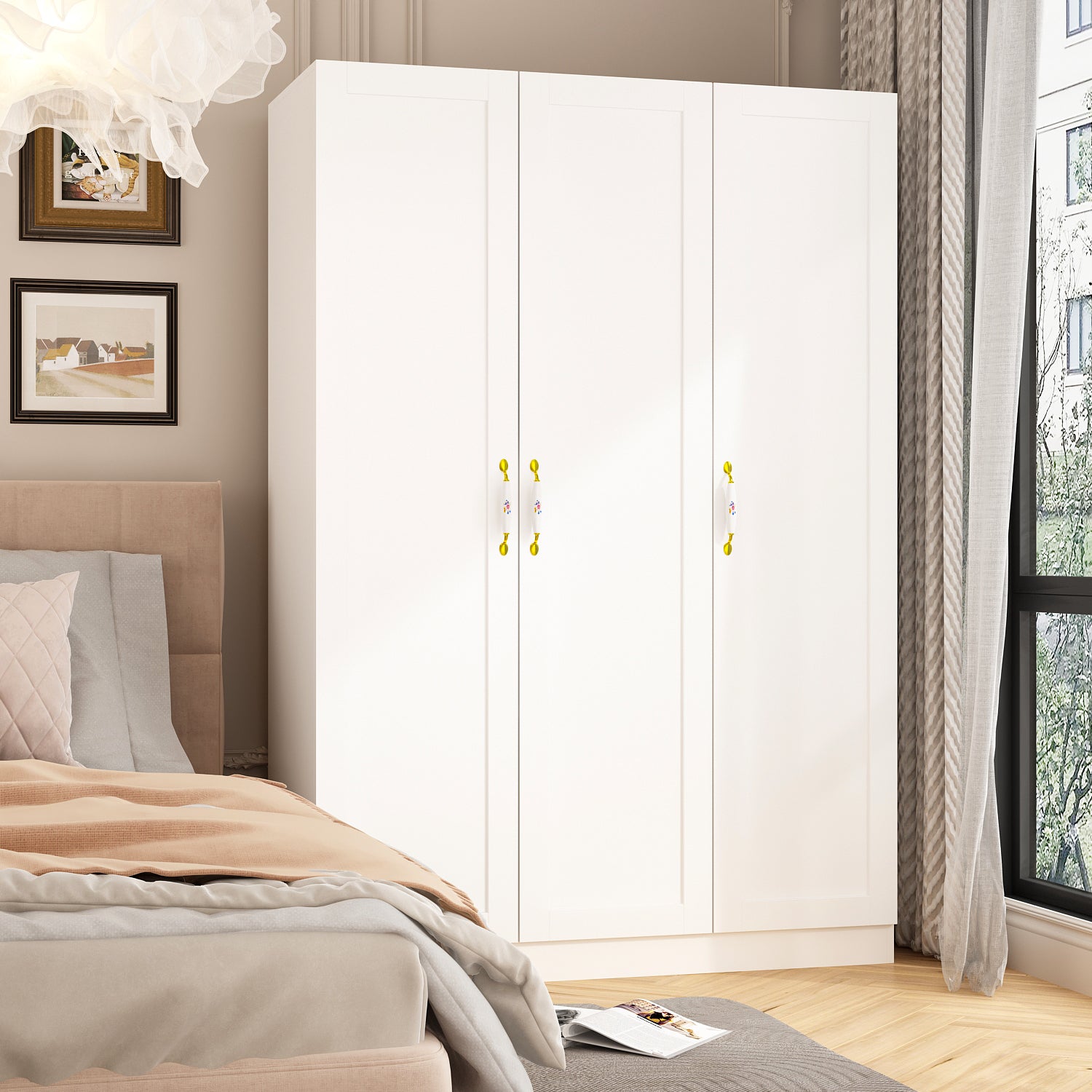 Large 3-Door Wardrobe Closet with Hanging Rod & Ceramic Handles - Spacious Storage Cabinet for Bedroom, Walk-in Closet, or Guest Room Organization