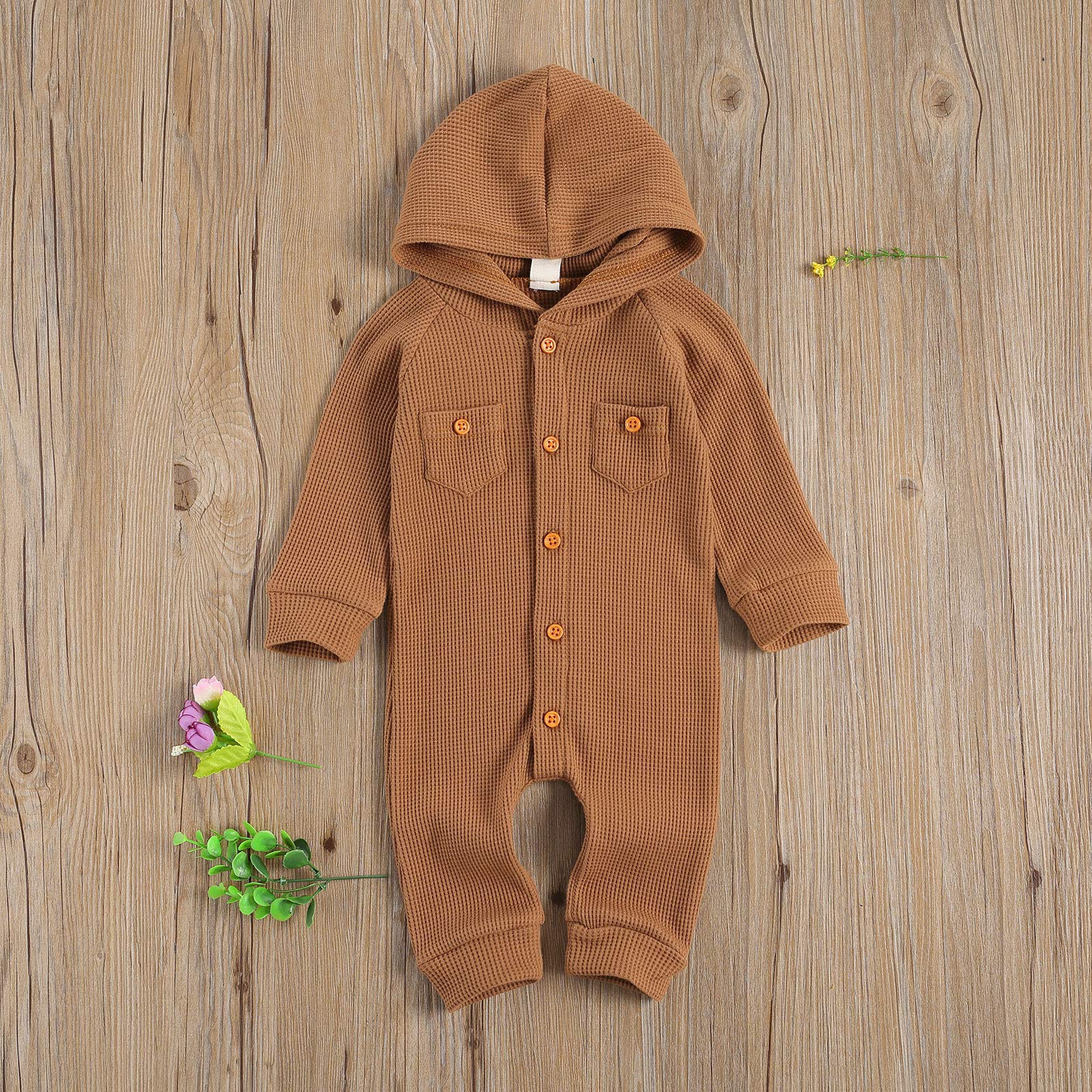 Ynibbim Winter Newborn Baby Romper - Unisex Hooded Jumpsuit with Waffle Cotton & Button Closure - Cozy Outfit for Infants Boys & Girls - Perfect for Family Photos, Holiday Gifts & Winter Outings