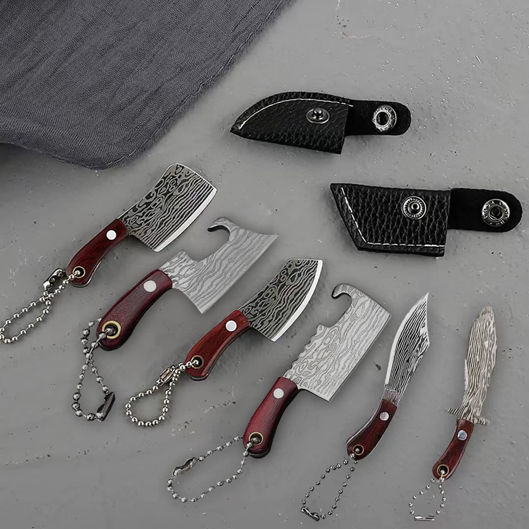 Premium Damascus Steel Pocket Knife Set - 7-Piece Mini Chef Knife with Sheath, EDC Knives, Box Cutter, Bottle Opener & Sharpener | Perfect for Camping, Hiking, Survival & Everyday Carry
