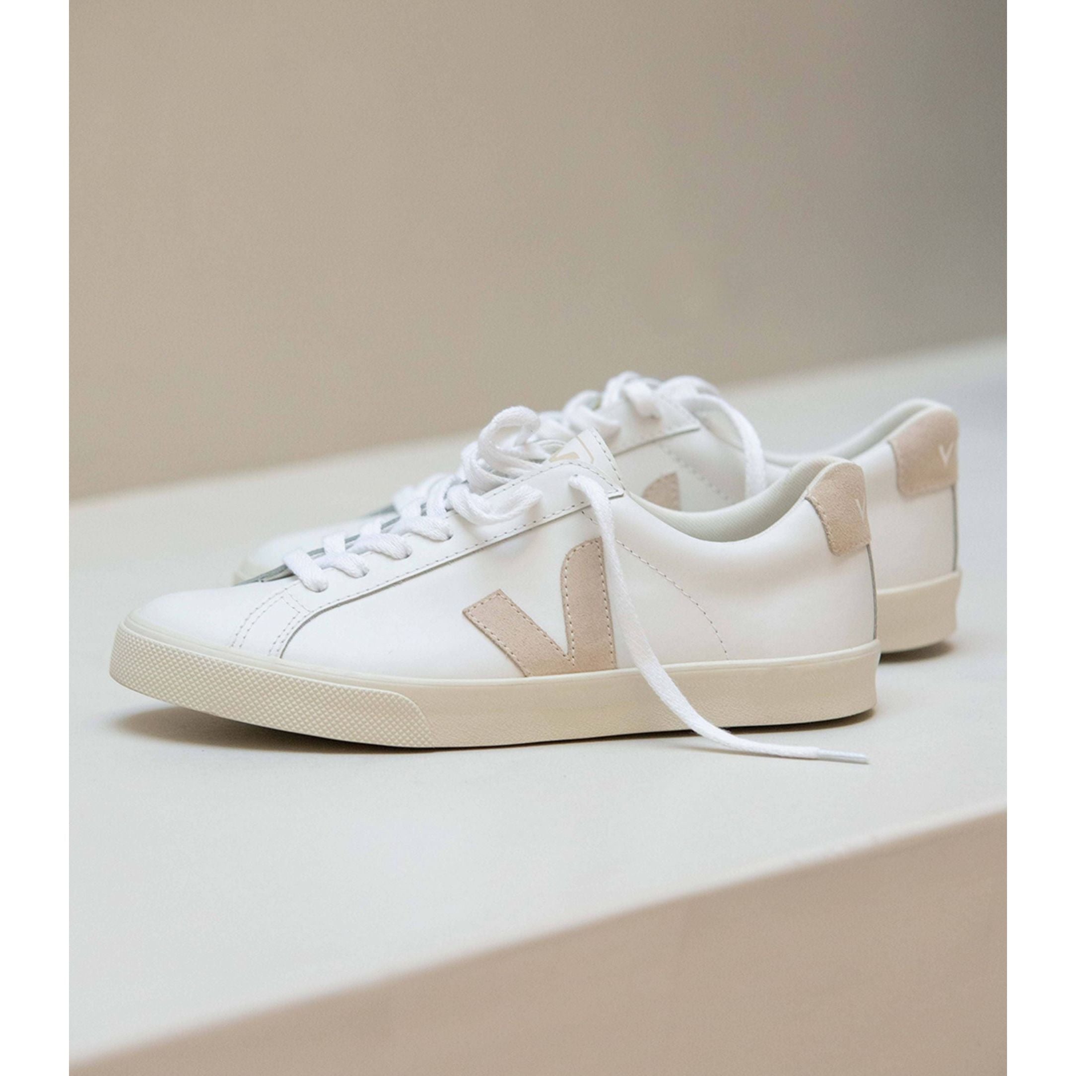 Veja Women's Esplar Leather Sneakers - White & Sable | Vegan Eco-Friendly Casual Shoes for Walking, Work & Everyday Wear