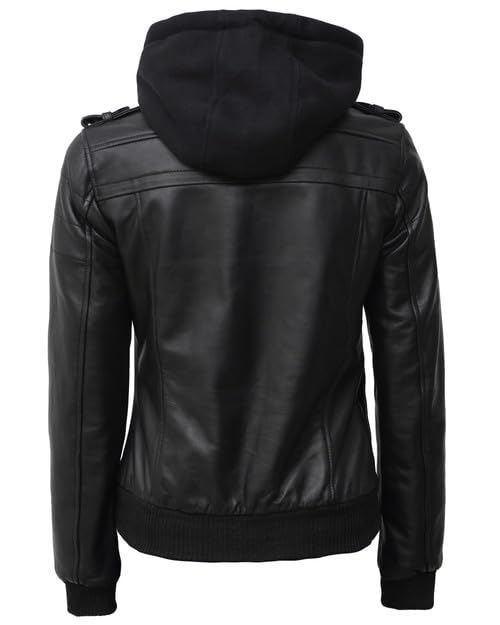 Decrum Genuine Leather Jacket for Women - Detachable Hood Bomber Jacket | Fall & Winter Fashion Outerwear | Perfect for Casual Outings, Date Nights & Cold Weather Protection