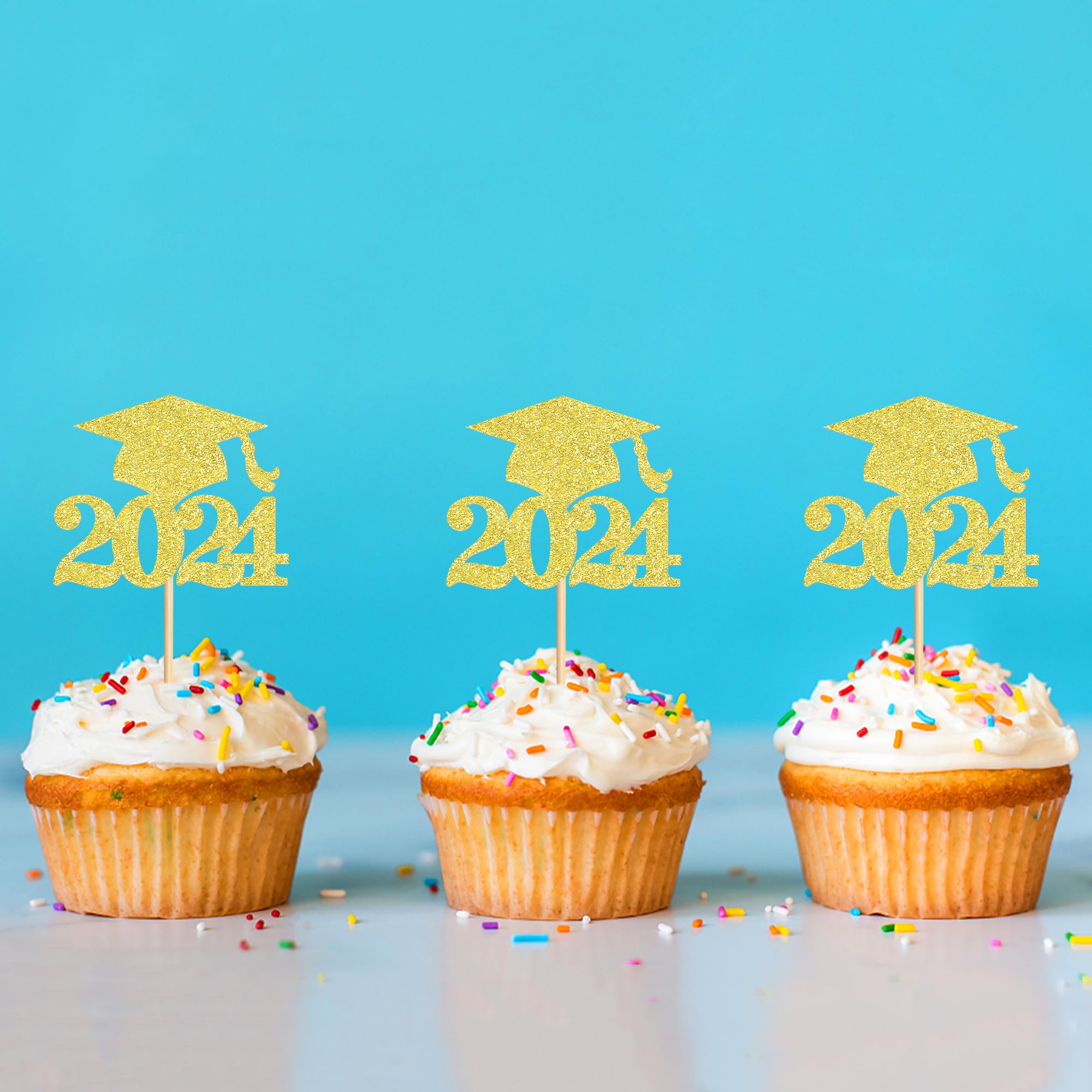 36 Pack Gold Glitter Graduation Cupcake Toppers - Class of 2024 Grad Cap Cake Decorations for Graduation Party Supplies | Perfect for Graduation Cakes, Cupcakes, Desserts and Celebration Decor