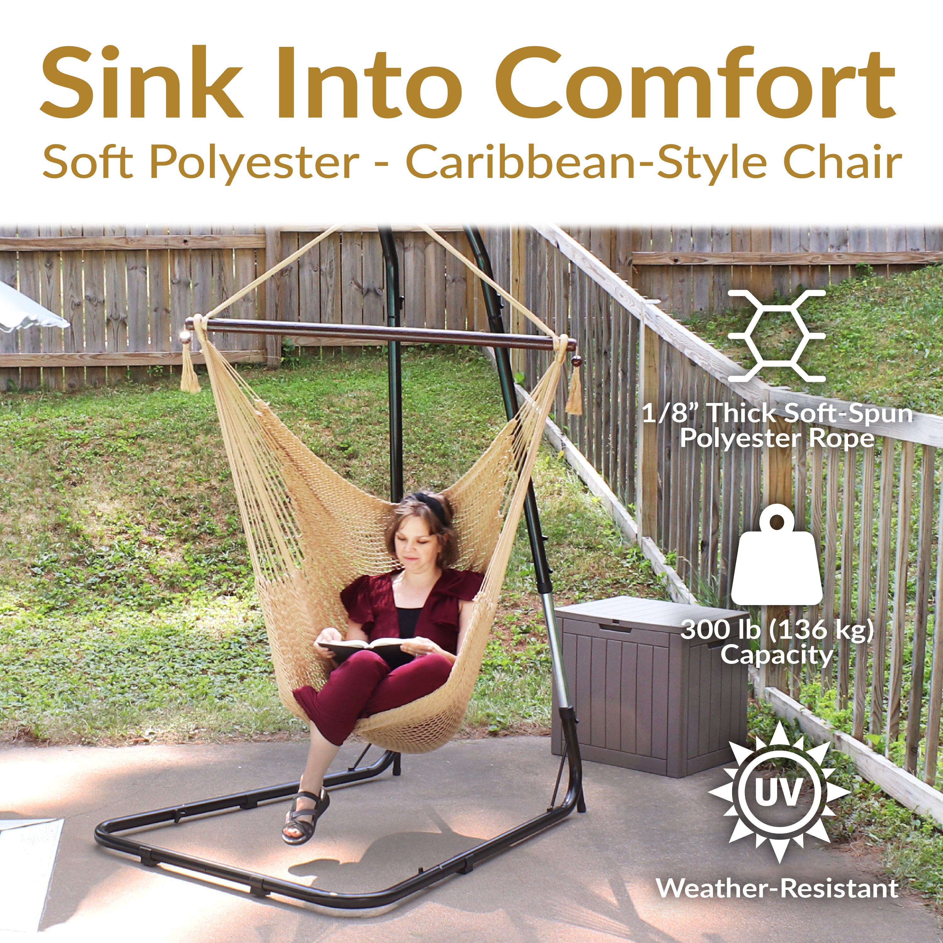 Extra Large Caribbean Polyester Rope Hammock Chair for Outdoor Relaxation - Perfect for Backyard, Patio, Poolside & Beach Lounging