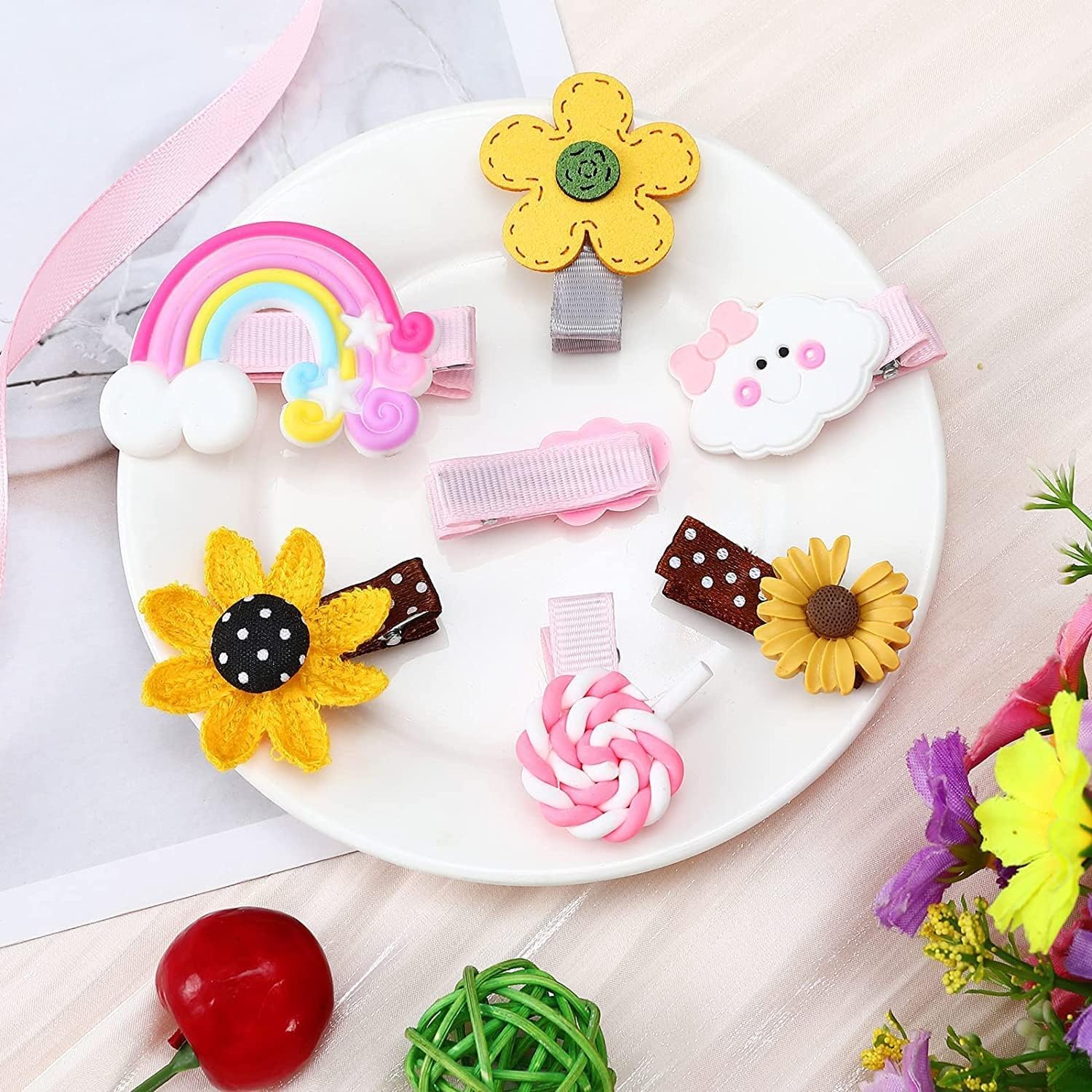 HappyMates Baby Girl Hair Clips Set - 14PCS Cute Rainbow Flower Fruit Dessert Barrettes for Toddlers & Teens | Hair Accessories for Parties, School & Daily Wear