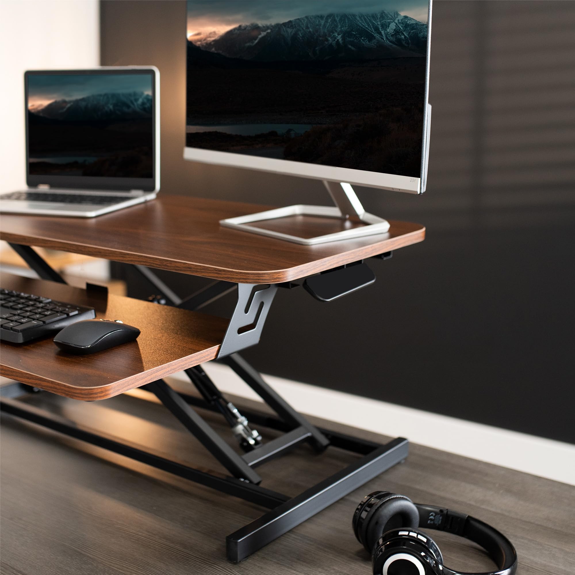 VIVO 32 Inch Height Adjustable Stand Up Desk Converter - Quick Sit to Stand Dual Monitor Riser Workstation with Dark Walnut Desktop & Black Frame (DESK-V000SD) - Perfect for Home Office, Gaming Setup, and Ergonomic Workspace