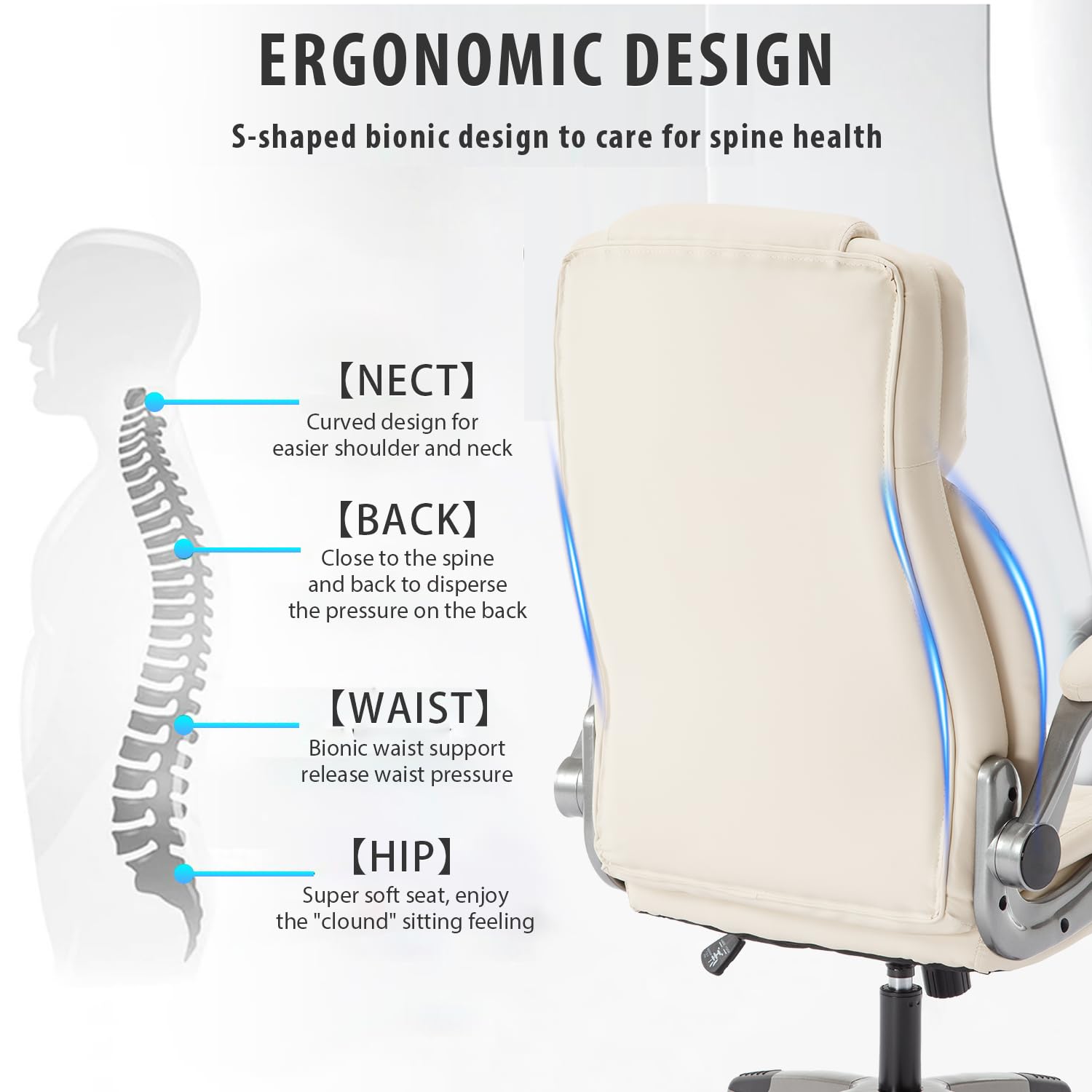Ergonomic High Back Office Chair with Flip-Up Arms, PU Leather Executive Desk Chair with Wheels & Lumbar Support - 90-120° Adjustable Rocking Swivel Chair for Home Office, Gaming & Computer Work (Beige)