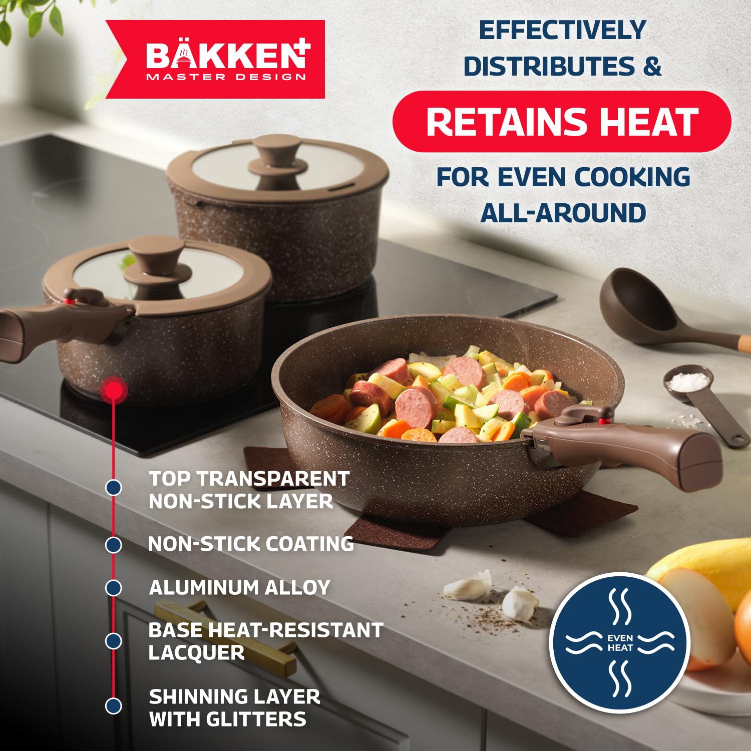 Bakken Master 38-Piece Granite Cookware and Bakeware Set - Nonstick Granite Coating Pots & Pans with Removable Handles, Tempered Glass Lids, 6-Piece Bakeware, 12-Piece Mixing Bowls - Perfect for Baking, Cooking & Meal Prep - Brown