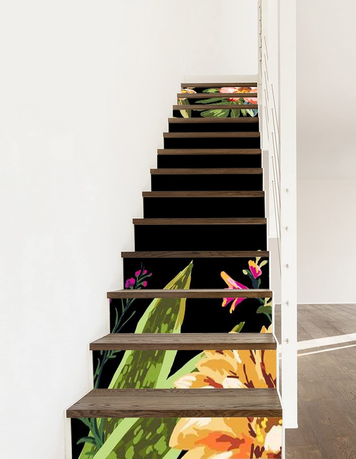 **A.Monamour 3D Self-Adhesive Removable Stair Stickers - Watercolor Tropical Leaf & Floral Design, Black Background Vinyl Decals for Stairs, Kitchen Tiles, Walls (13-Piece Set) - Perfect for Home Decor, DIY Projects & Rental Upgrades**