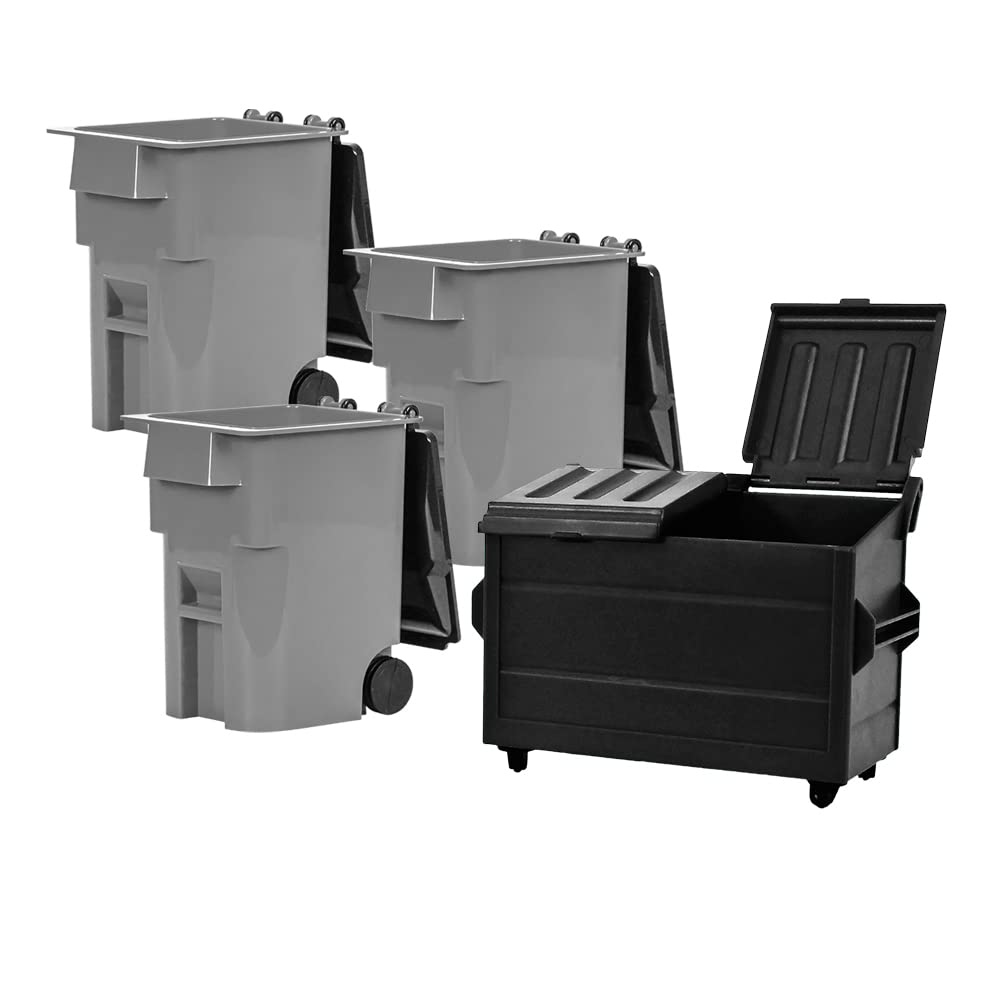 Black Dumpster & 3 Gray Trash Cans with Lids & Wheels for Wrestling Action Figures - Perfect for Wrestling Dioramas, Toy Displays & Collectible Scenes