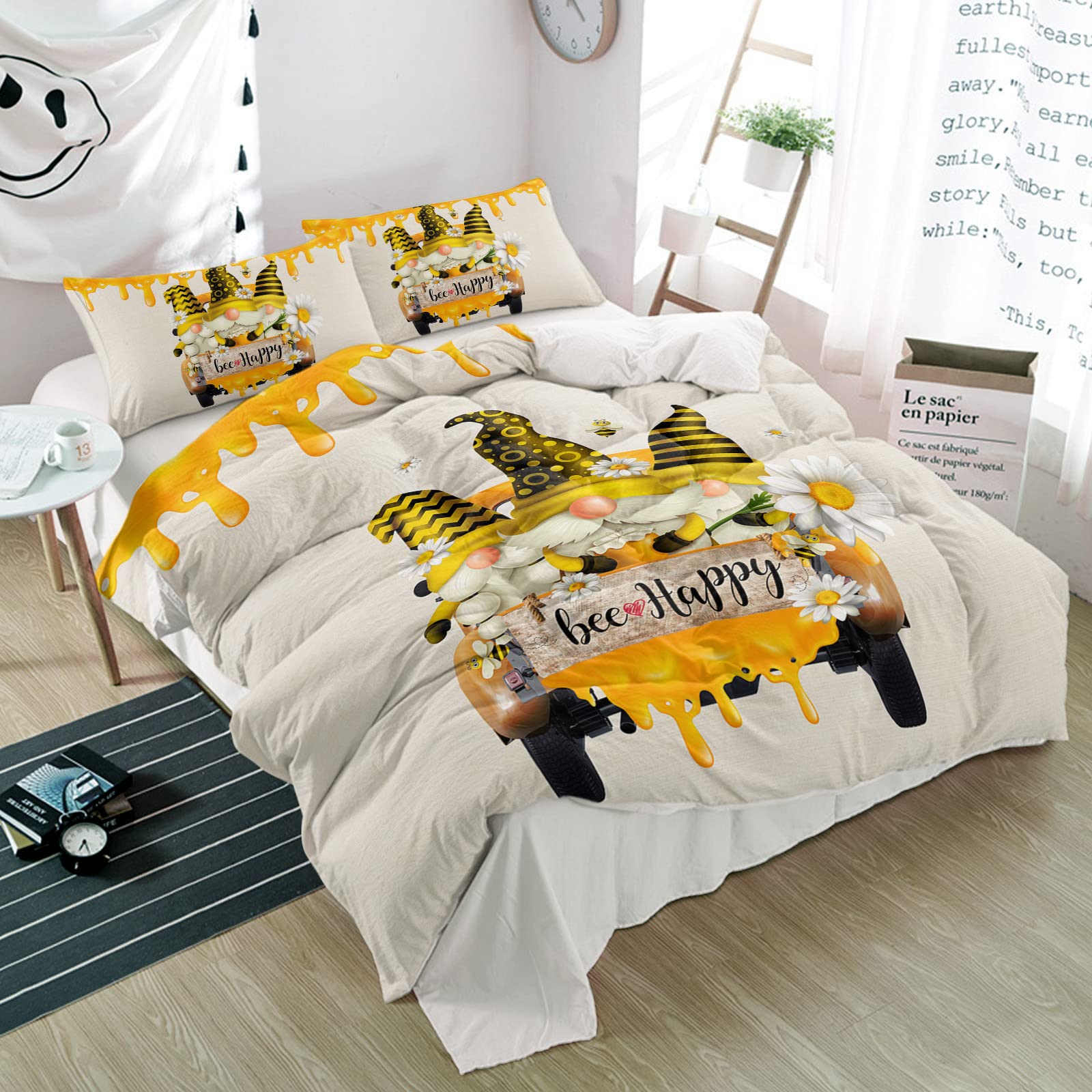 3-Piece Yellow Gnome Honey Bee Happy Farm Truck Duvet Cover Set - Super Soft Luxury Quilt Cover & Pillowcases, White Daisy Cotton Back Microfiber Bedding for Kids, Men & Women - Perfect for Farmhouse, Cottage or Kids' Bedroom Decor