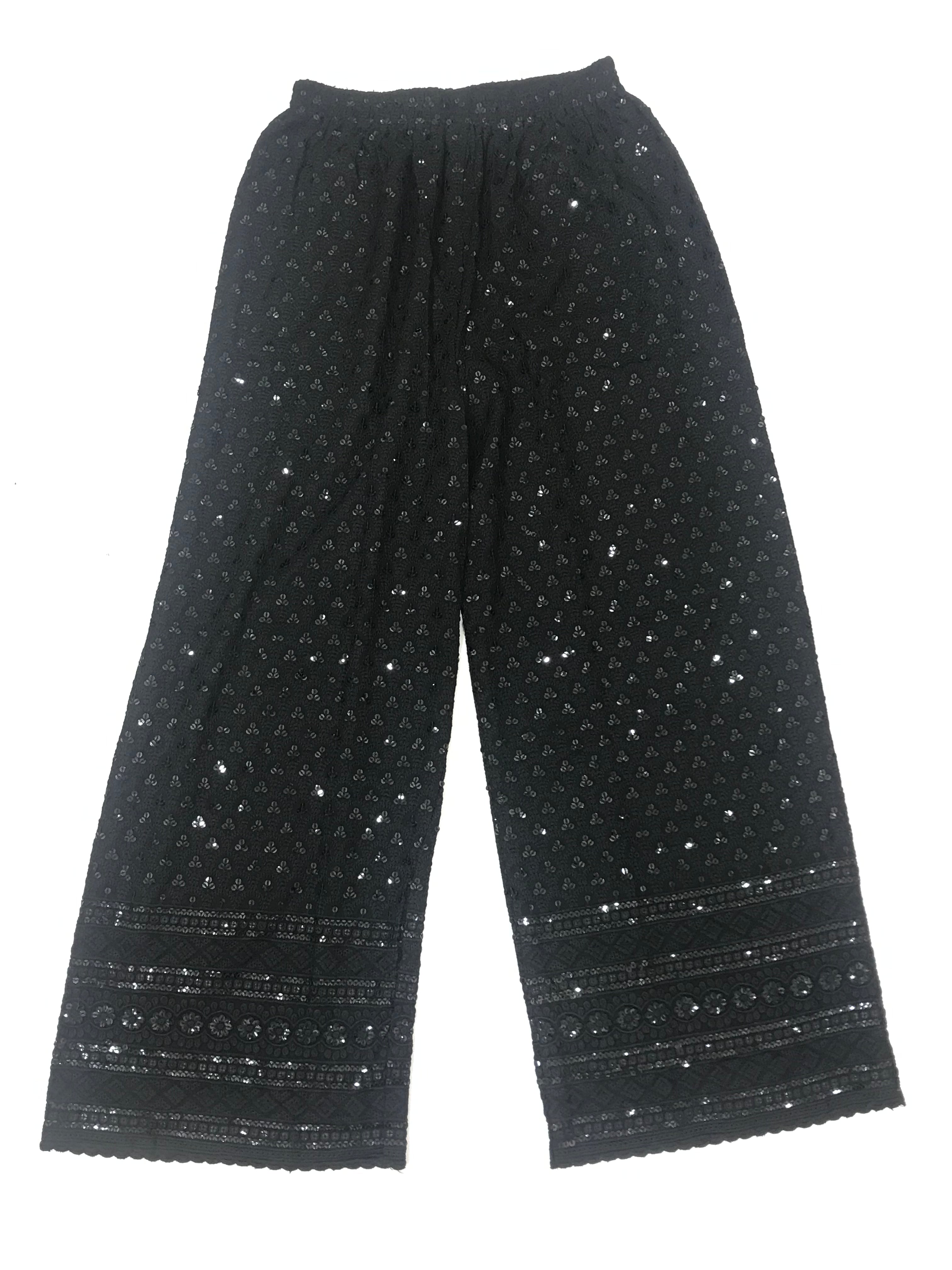 Elegant Black Cotton Blend Sequin Palazzo Pants for Women - Office Wear & Evening Party Outfits