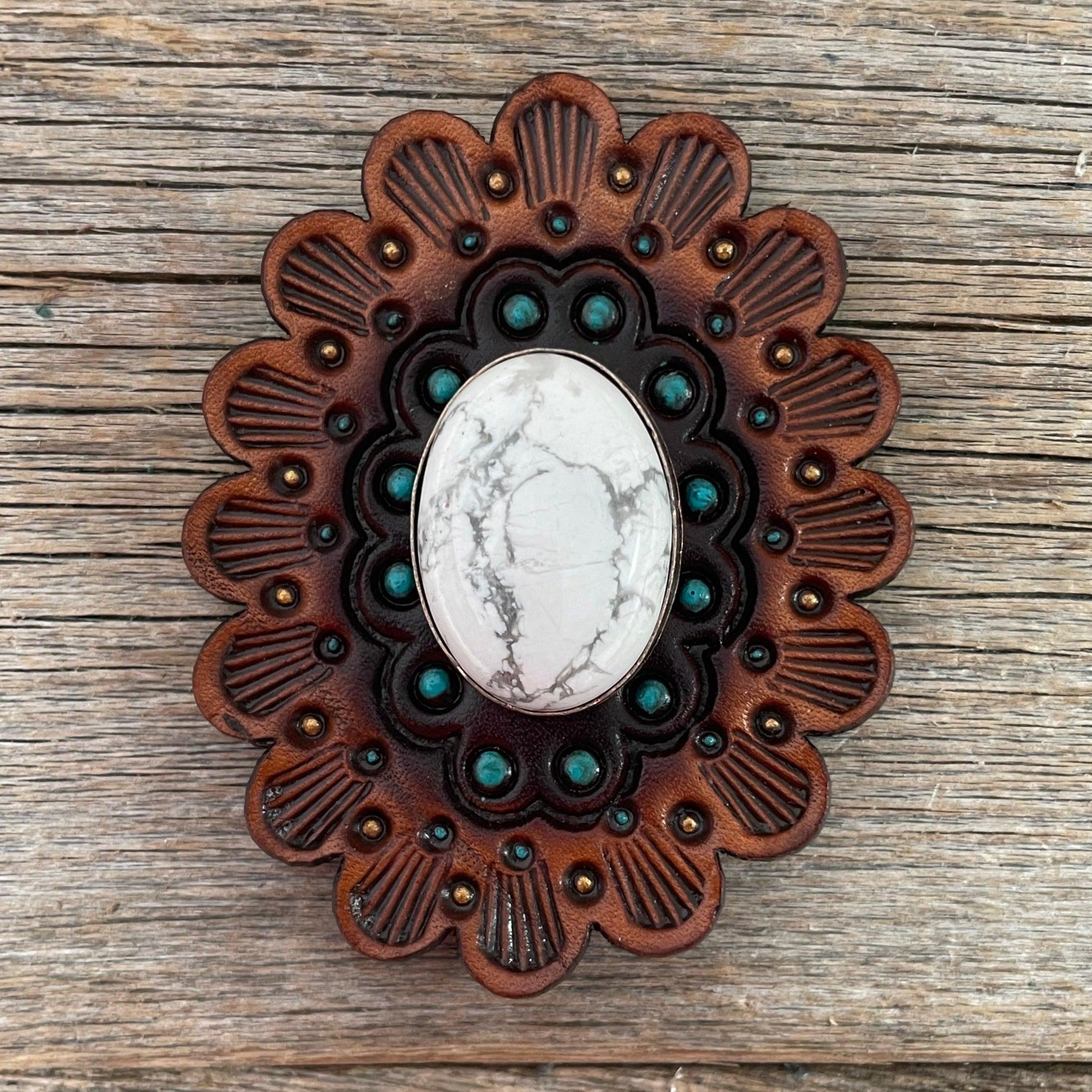 Western Leather Rosette Concho with White Cabochon & Medium Oil Edges - Perfect for Cowboy Boots, Belts & Western Fashion Accessories (R107CABWT)