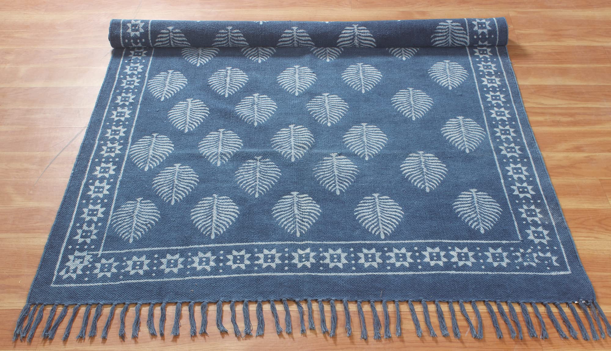 Hand Woven Pure Cotton Area Rug - Indigo Blue Floral Design with Tassels, Reversible Runner Rug (4x15 Feet) for Living Room, Bedroom, Laundry & Bathroom Floor Decor