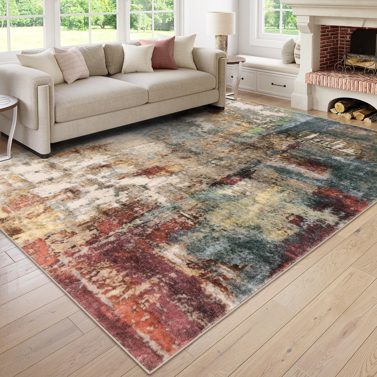 Lahome Modern Abstract 9x12 Washable Low Pile Non-Slip Area Rug - Soft Red Indoor Carpet for Bedroom, Living Room & Dining Room Decor | Perfect for Home, Apartment & Office Use