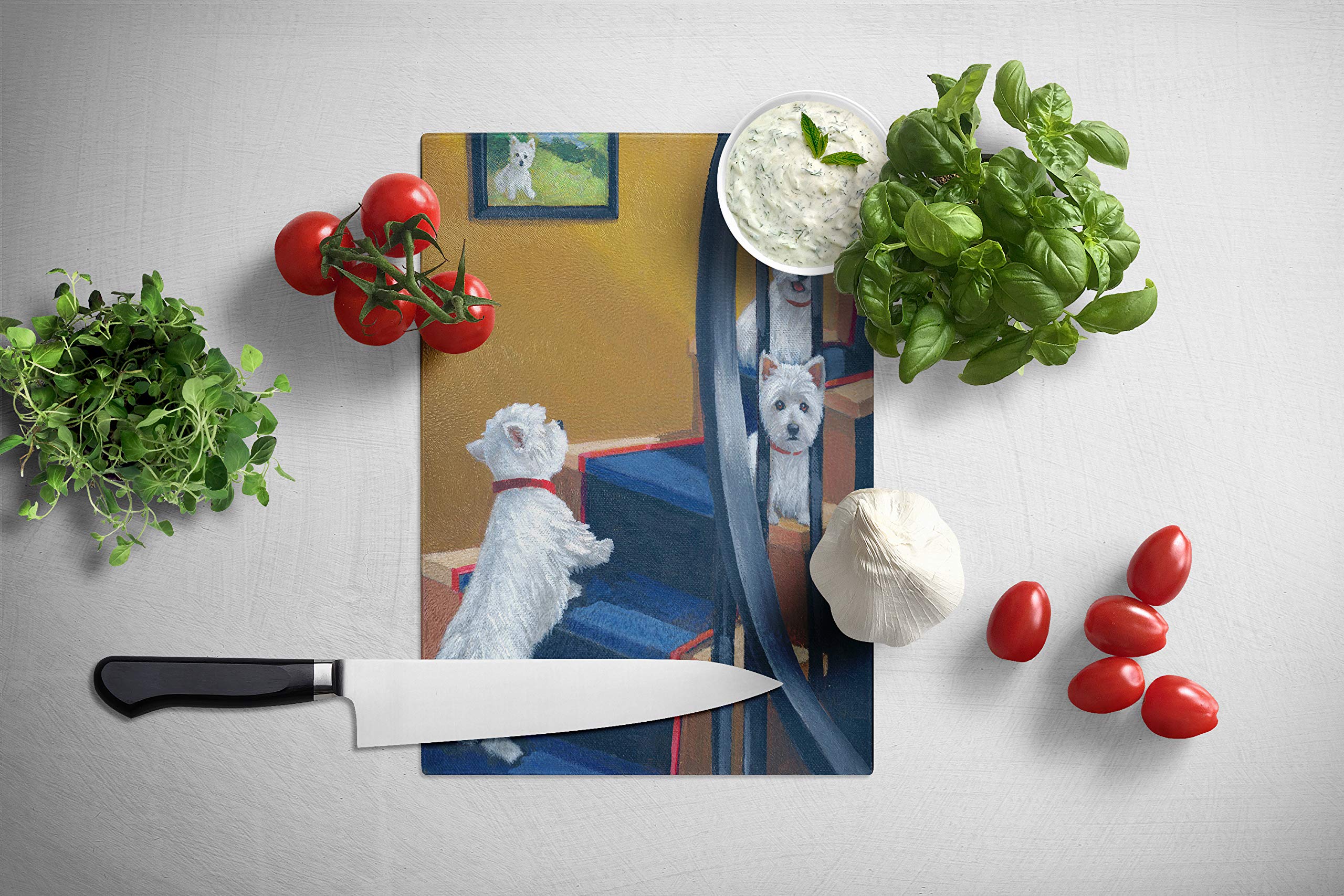 Westie Going Up Tempered Glass Cutting Board - Large Decorative Kitchen Chopping & Serving Board (15