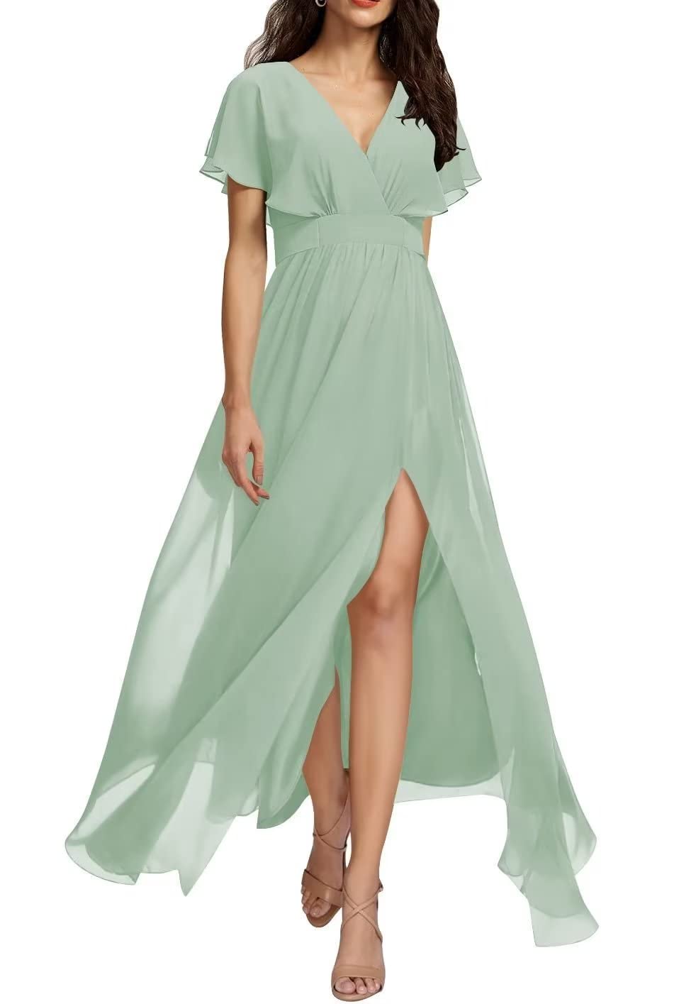 Elegant Turquoise Chiffon Bridesmaid Dresses with Pockets & Ruffled Sleeves - Long Formal Gown with Side Slit for Weddings, Parties & Special Occasions (2022 Collection, Size 12)