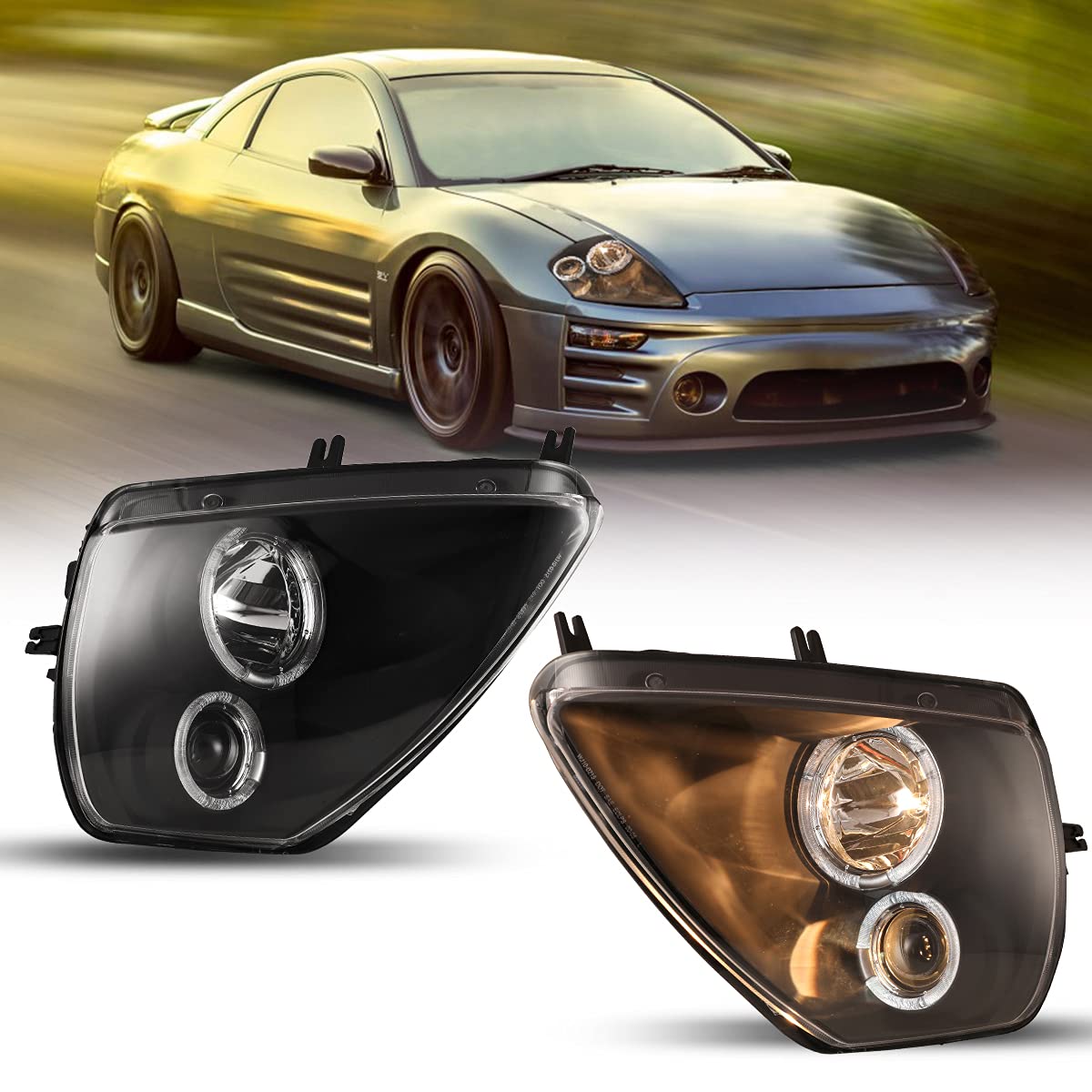 ROXX Halo Projector Headlights Assembly for 2000-2005 Mitsubishi Eclipse - Dual Beam, Clear Lens, Black Middle Board (Driver & Passenger Side) | Enhanced Night Visibility & Stylish Upgrade for Your Car