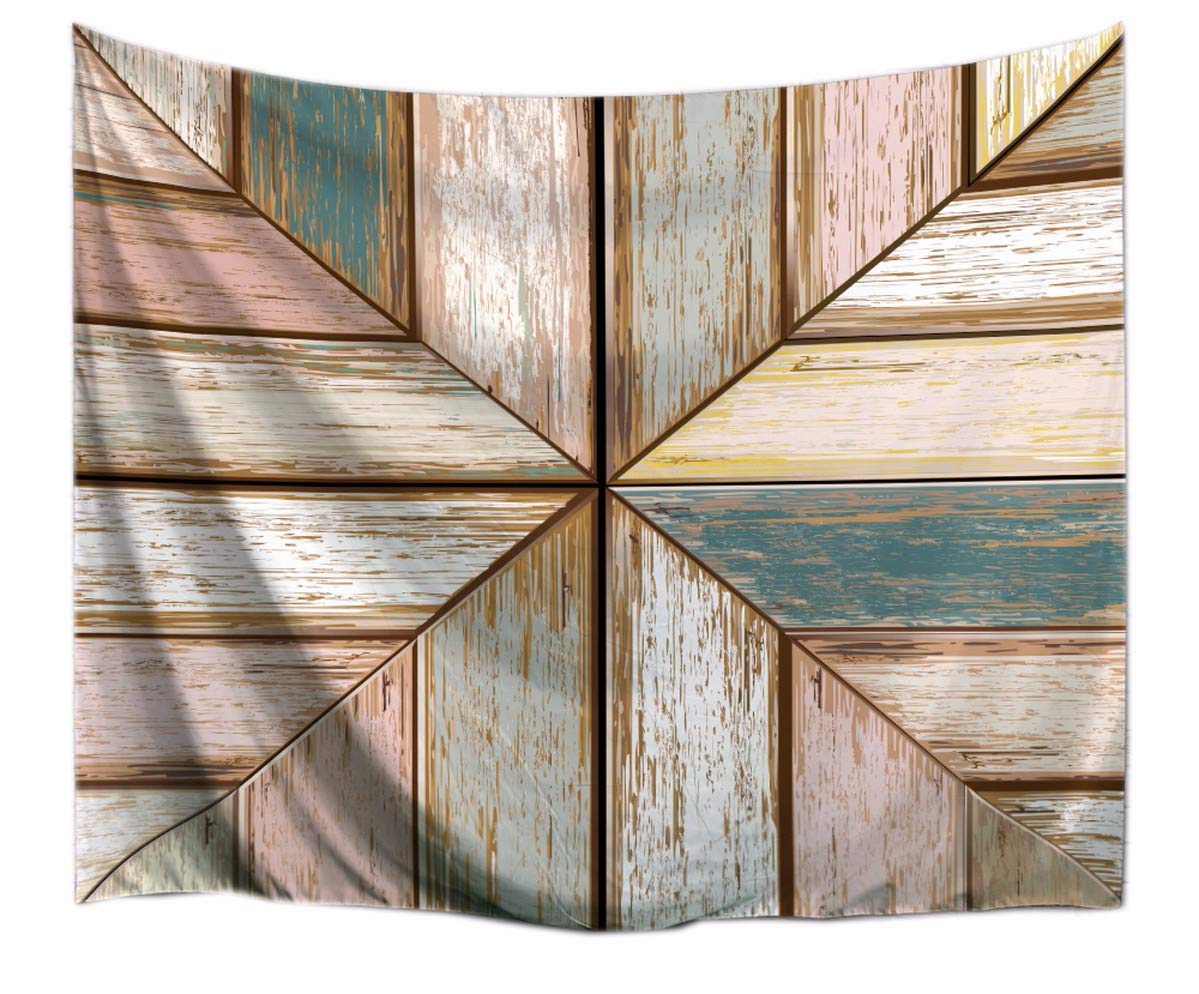 Bohemian Triangle Geometric Patchwork Tapestry - Pink, Blue & White Painted Wood Design (80x60 inches) for Bedroom, Dorm, Festival Decor | Grunge Barn Style Wall Hanging Fabric Art