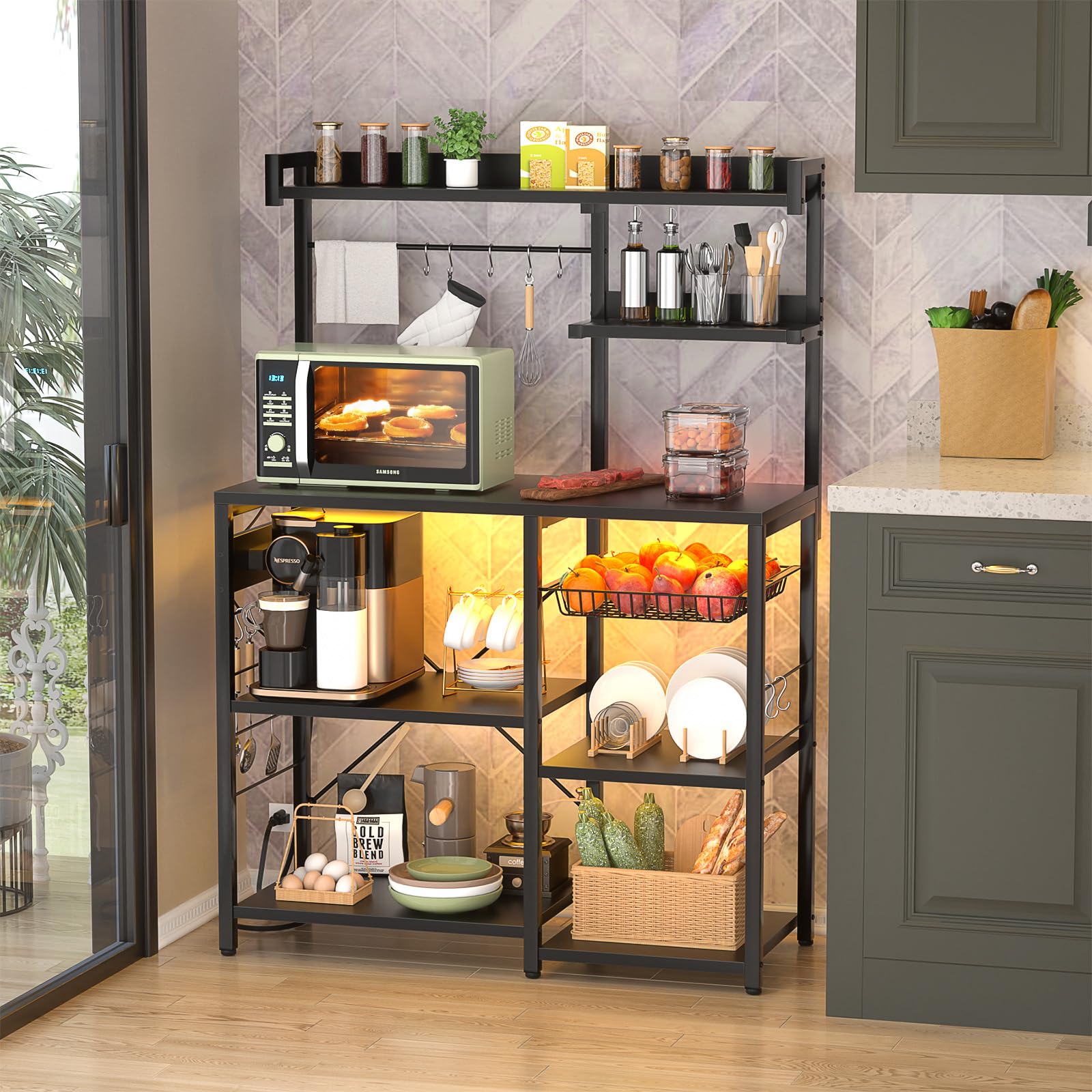 Aheaplus Bakers Rack with Power Outlet & LED Lights - Kitchen Storage Shelf with Wire Basket, Microwave Stand, Coffee Bar Station - Includes 10 Hooks for Spices, Pots & Pans - Perfect for Small Kitchens, Apartments & Coffee Stations (Black)