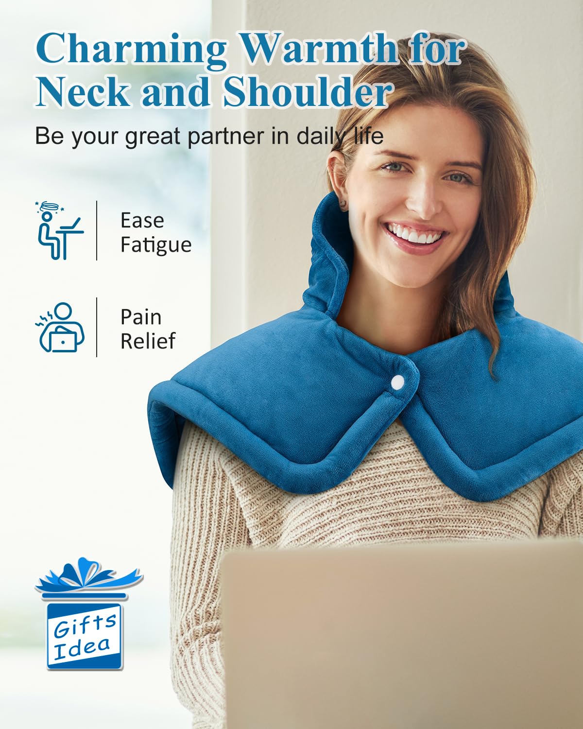 Electric Heating Pad for Neck & Shoulder Pain Relief - Weighted Heat Therapy Pad for Back Pain - Perfect Mothers Day, Birthday & Anniversary Gift for Women, Men, Mom, Dad - Use at Home, Office or Travel - Blue
