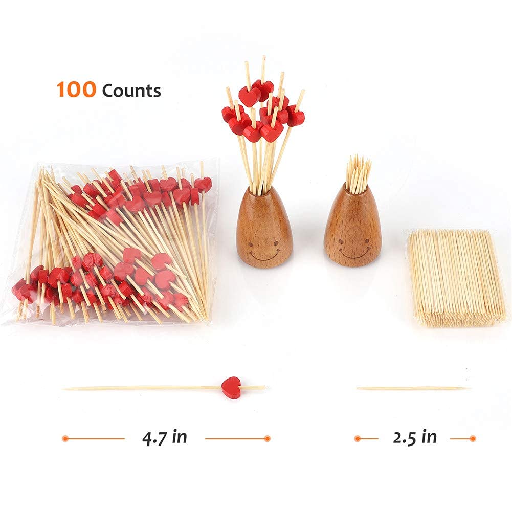 200-Pack 4.7 Inch Decorative Bamboo Toothpicks - Heart & Rose Designs for Appetizers, Cocktails, Cheese Plates & Party Decorations