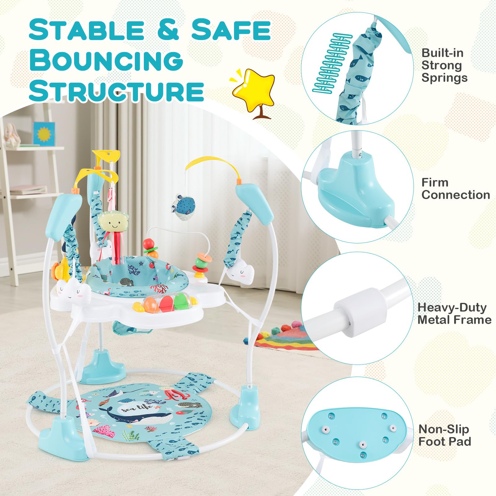 BABY JOY Baby Jumpers & Bouncers - 360° Rotating Activity Center with Music, Lights & Sounds - 5 Adjustable Heights for Infants 6-12 Months - Perfect for Playtime, Learning & Developmental Stimulation at Home or Daycare