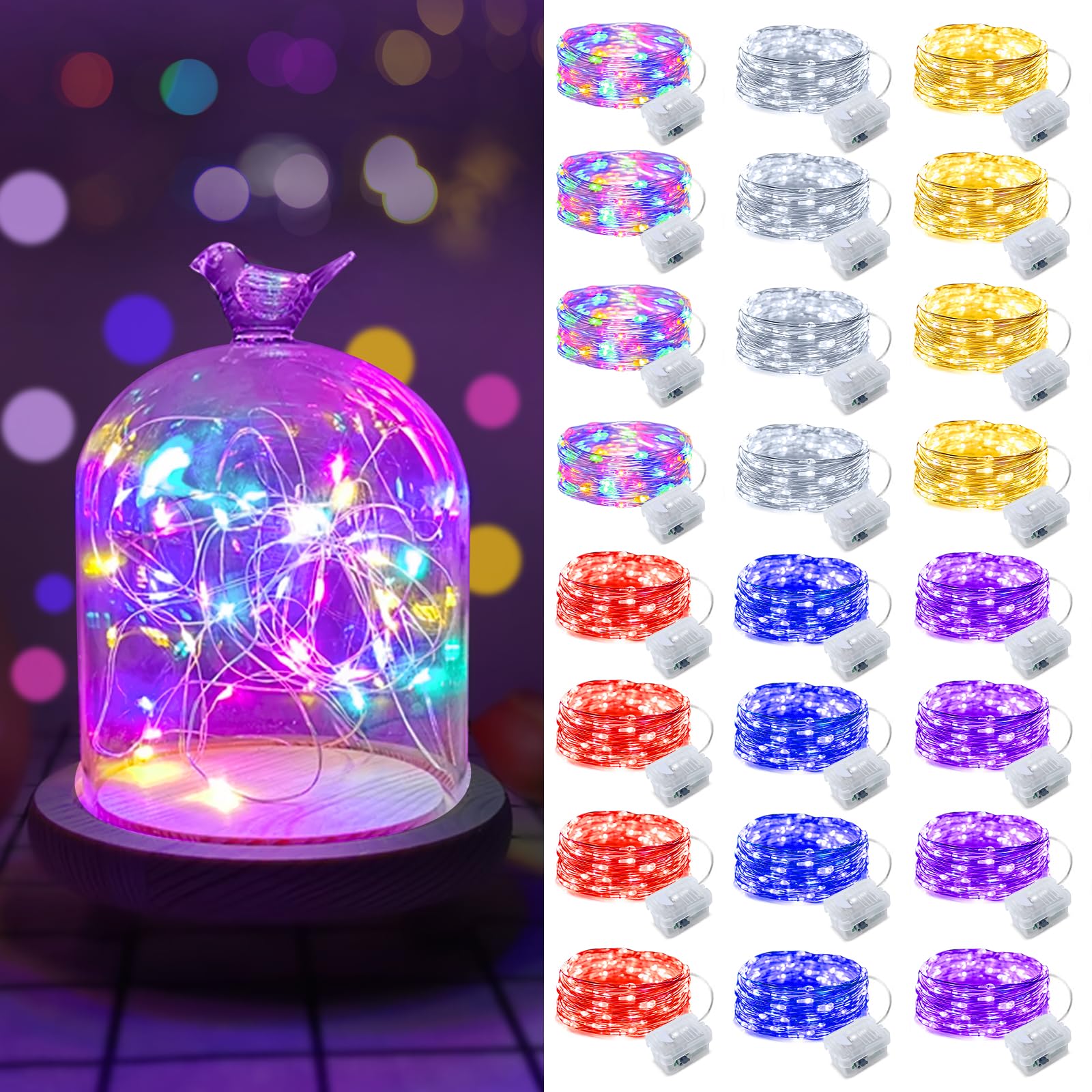 24 Pack LED Fairy Lights Battery Operated String Lights - Waterproof Silver Wire 7ft 20 LED Firefly Starry Moon Lights for DIY Wedding, Party, Bedroom, Christmas Decor, Mason Jars & Garden (Mixed-Color)