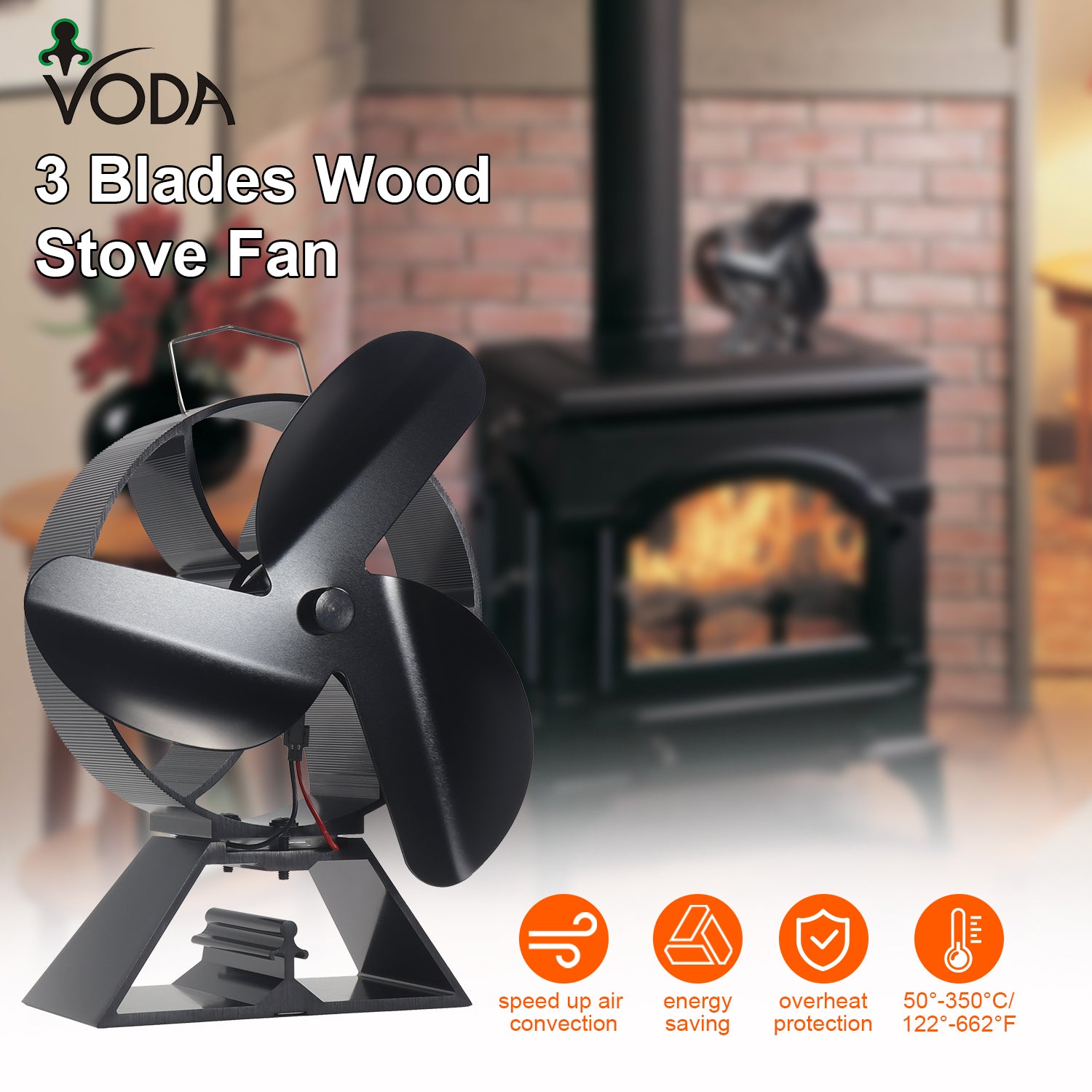3 Blade Stove Fan VDSF643 - Eco-Friendly Heat Powered Stove Fan for Wood Burning Stoves - Perfect for Energy Efficient Home Heating & Improved Air Circulation in Living Rooms, Cabins & RVs