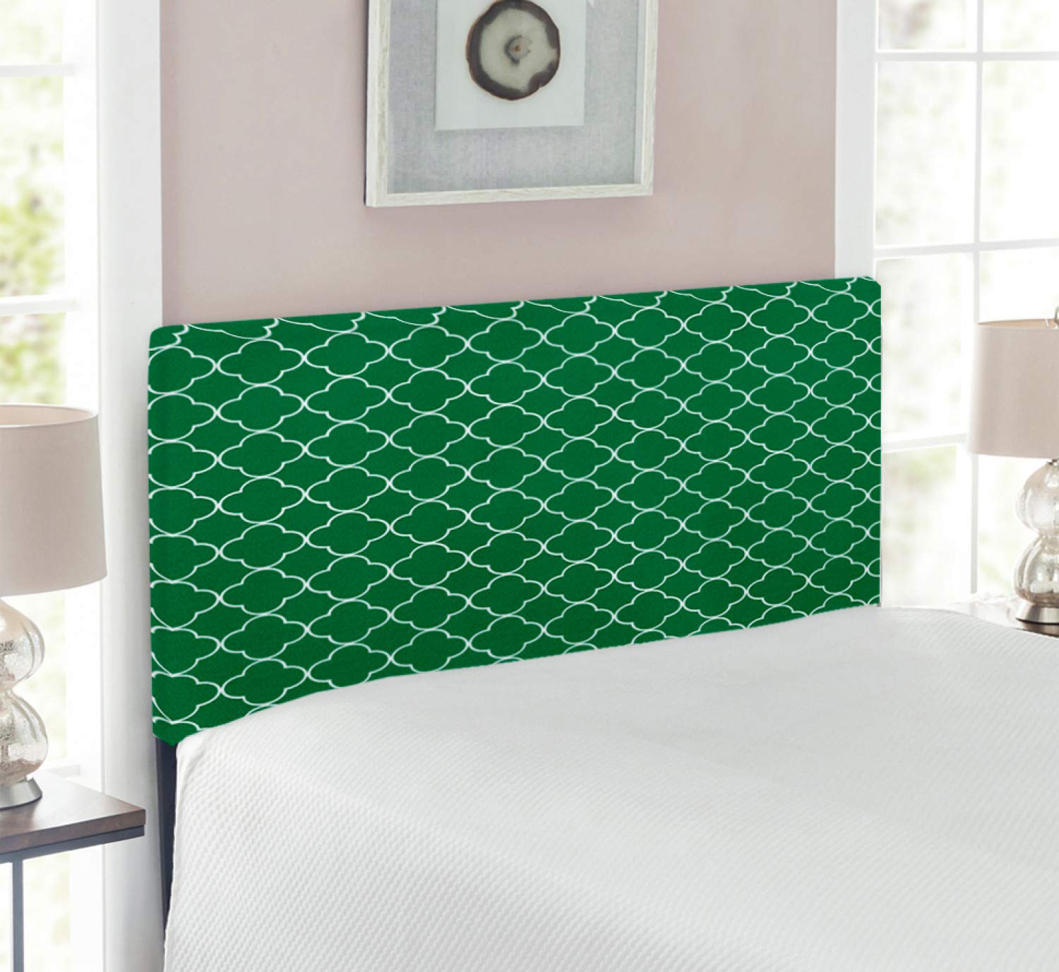 Ambesonne Quatrefoil Upholstered Headboard - Twin Size Green Memory Foam Bed Headboard with 4 Leaf Clover & Moroccan Trellis Mosaic Pattern | Traditional Digital Print Decorative Metal Headboard for Bedroom, Guest Room & Dorm Decor