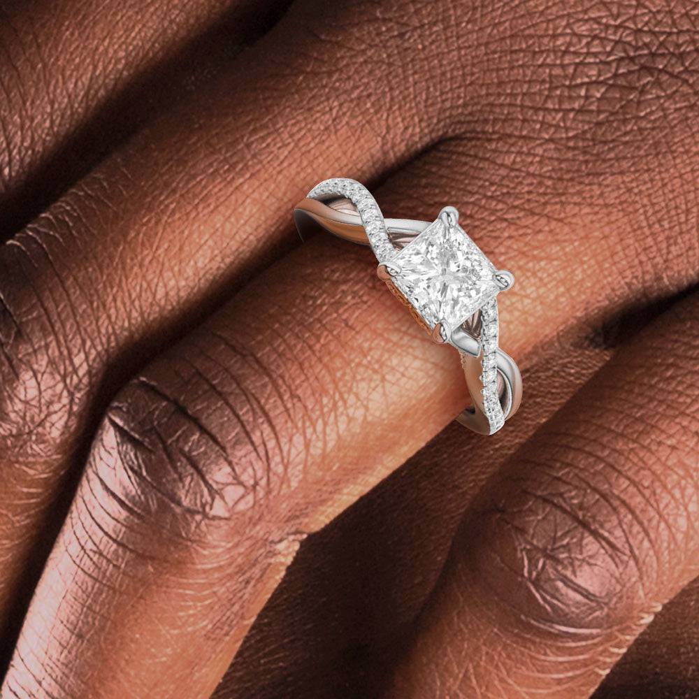 Princess Cut Moissanite Twisted Band Engagement Ring with Hidden Accents - Elegant Wedding Jewelry for Brides, Anniversary Gifts & Proposal Scenes