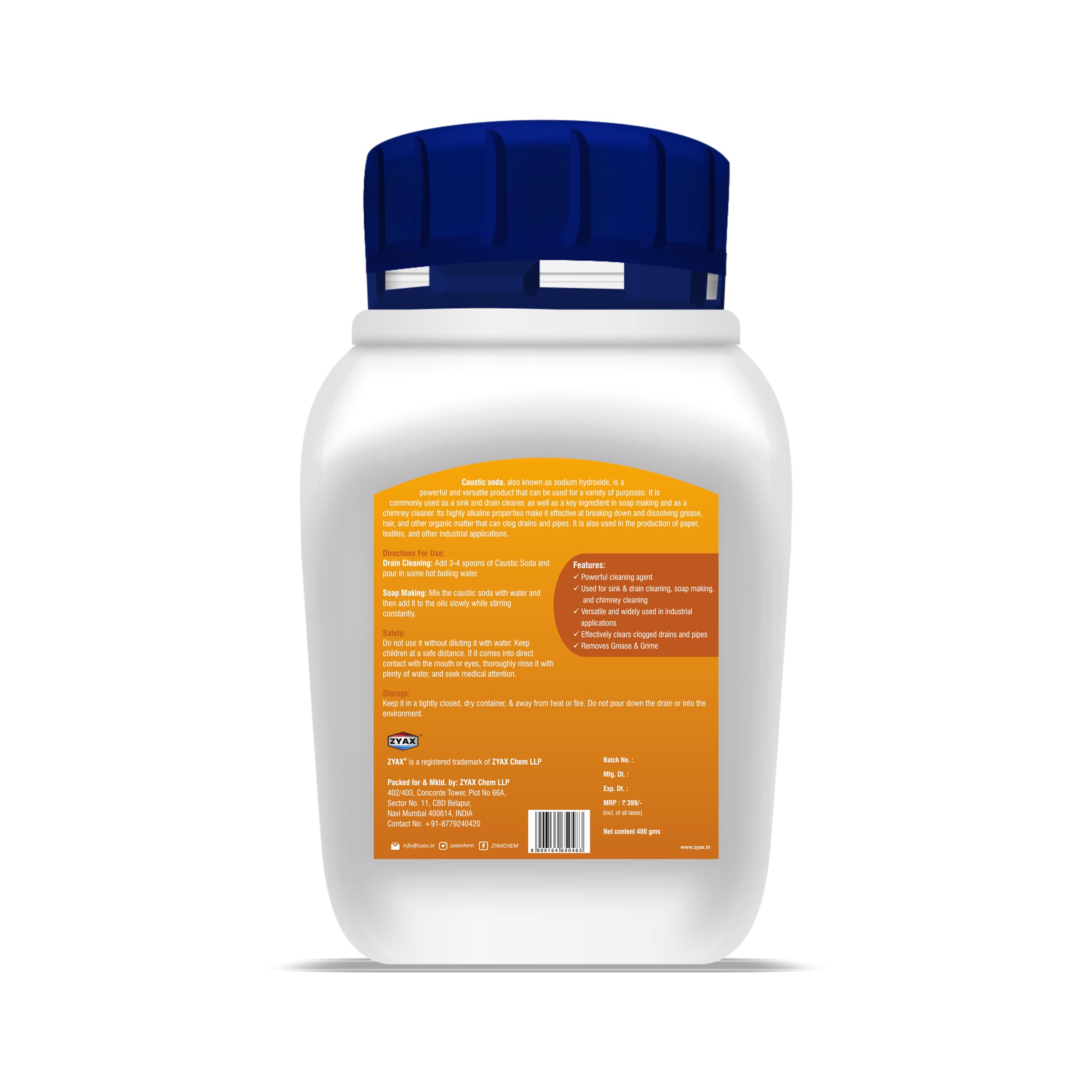 ZYAX 400g Caustic Soda (Sodium Hydroxide) - Powerful Drain Cleaner, Chimney Degreaser & Soap Making Supply - Unclogs Pipes, Removes Grease & Makes Homemade Soap - Ideal for Kitchen, Bathroom & DIY Cleaning Projects