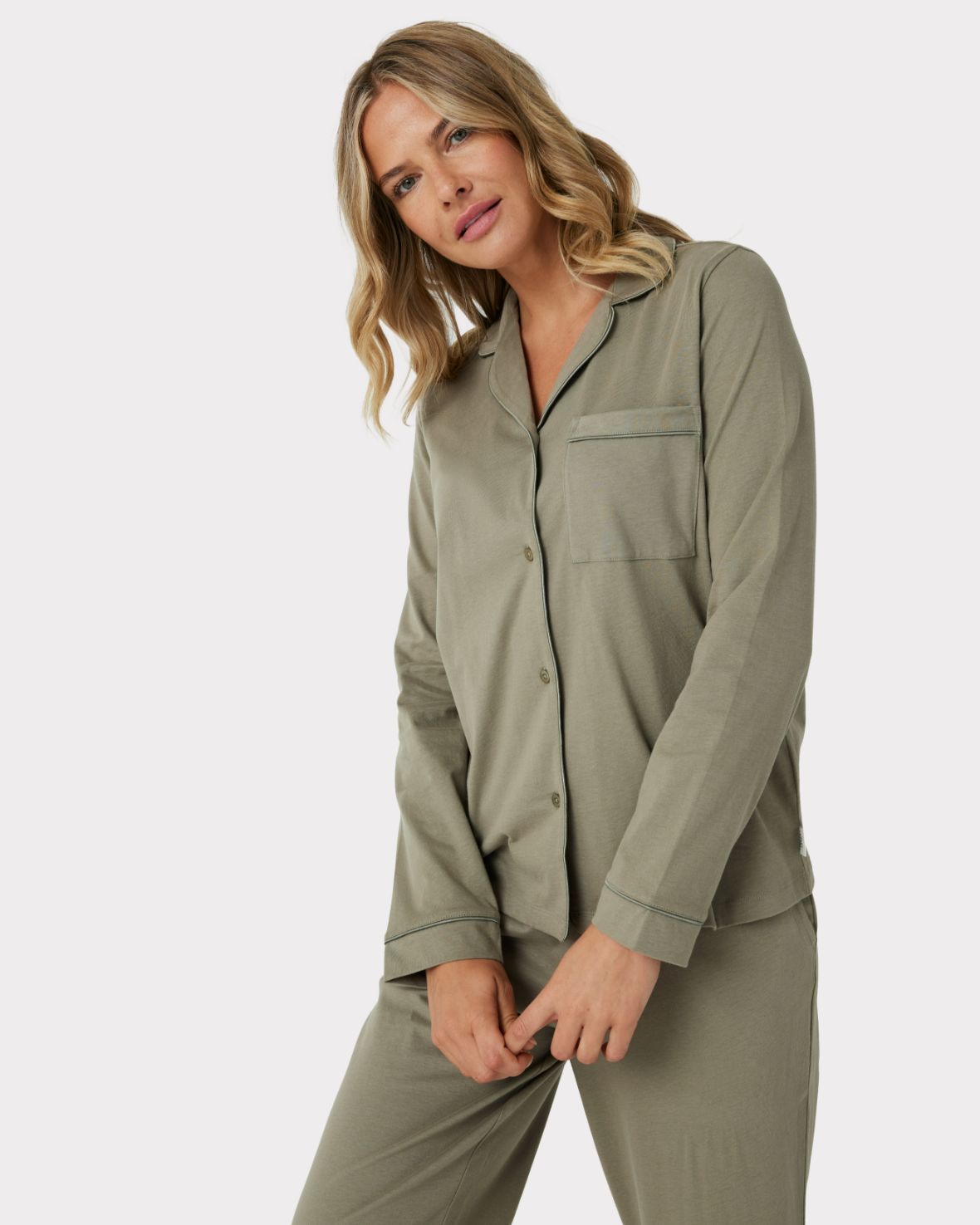Organic Cotton Button-Up Long Sleeve Pajama Set for Women - Soft & Comfortable Sleepwear - Sage Green Loungewear for Relaxing at Home or Travel