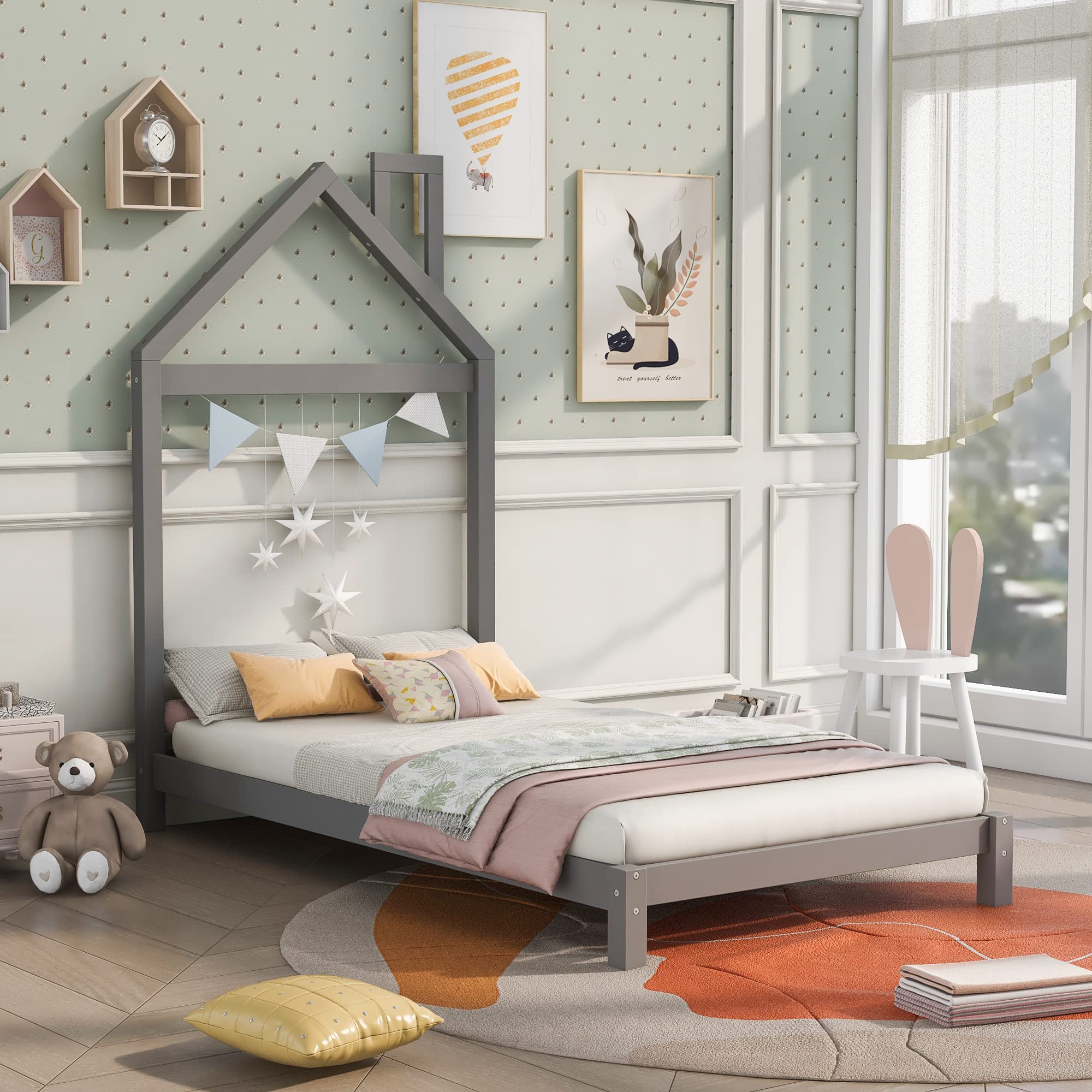 Twin Size Kids Bed with House-Shaped Headboard - Solid Wood Toddler Floor Bed Frame for Girls & Boys, No Box Spring Needed, Gray - Perfect for Nursery, Bedroom & Montessori Playroom