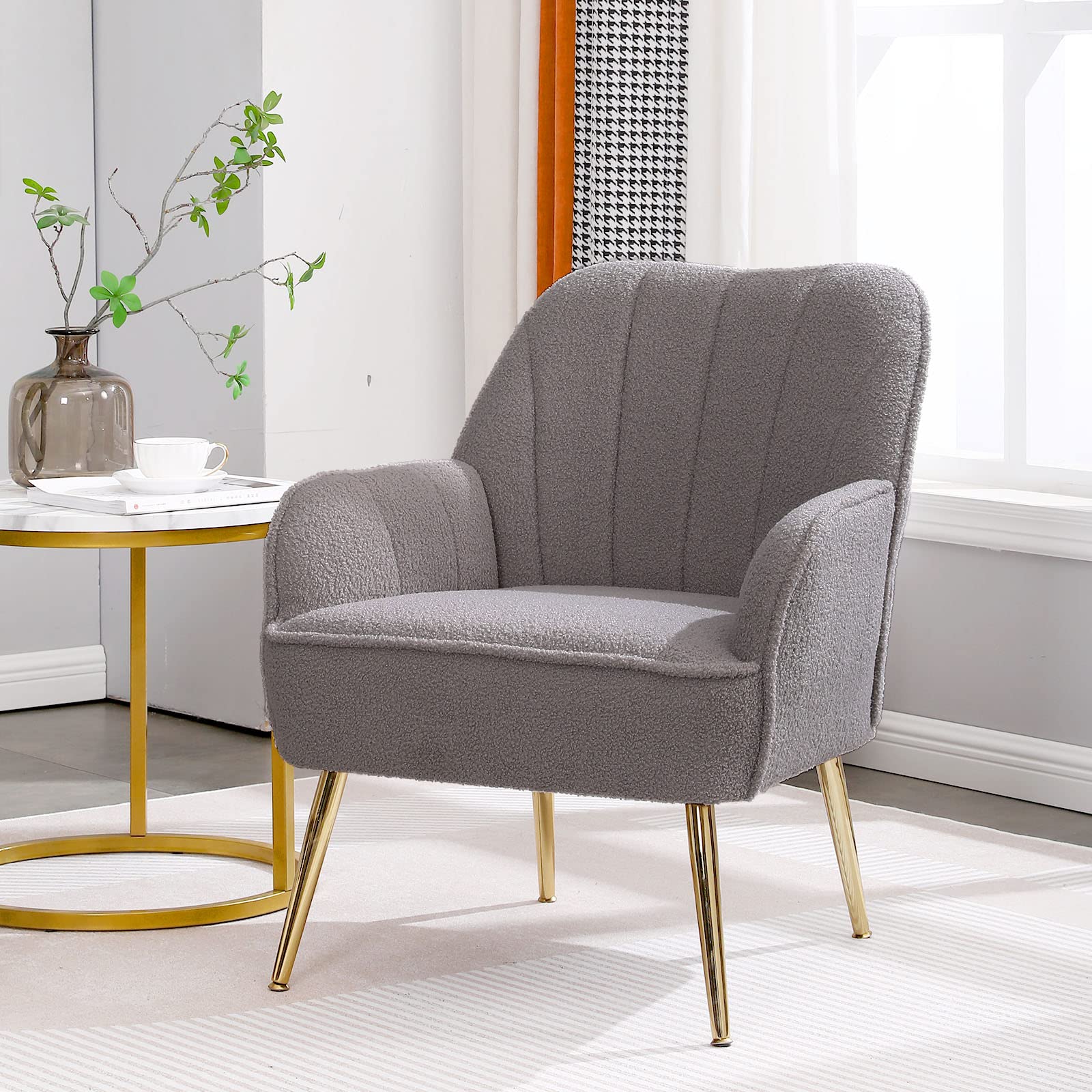 Modern Accent Chair Set of 2 - Plush Teddy Furry Upholstered Armchairs with Sherpa Fabric & Gold Metal Legs, Cozy Living Room Seating for Reading Nook, Bedroom or Home Office (Grey) - Perfect for Relaxing, Lounging & Enhancing Your Interior Decor