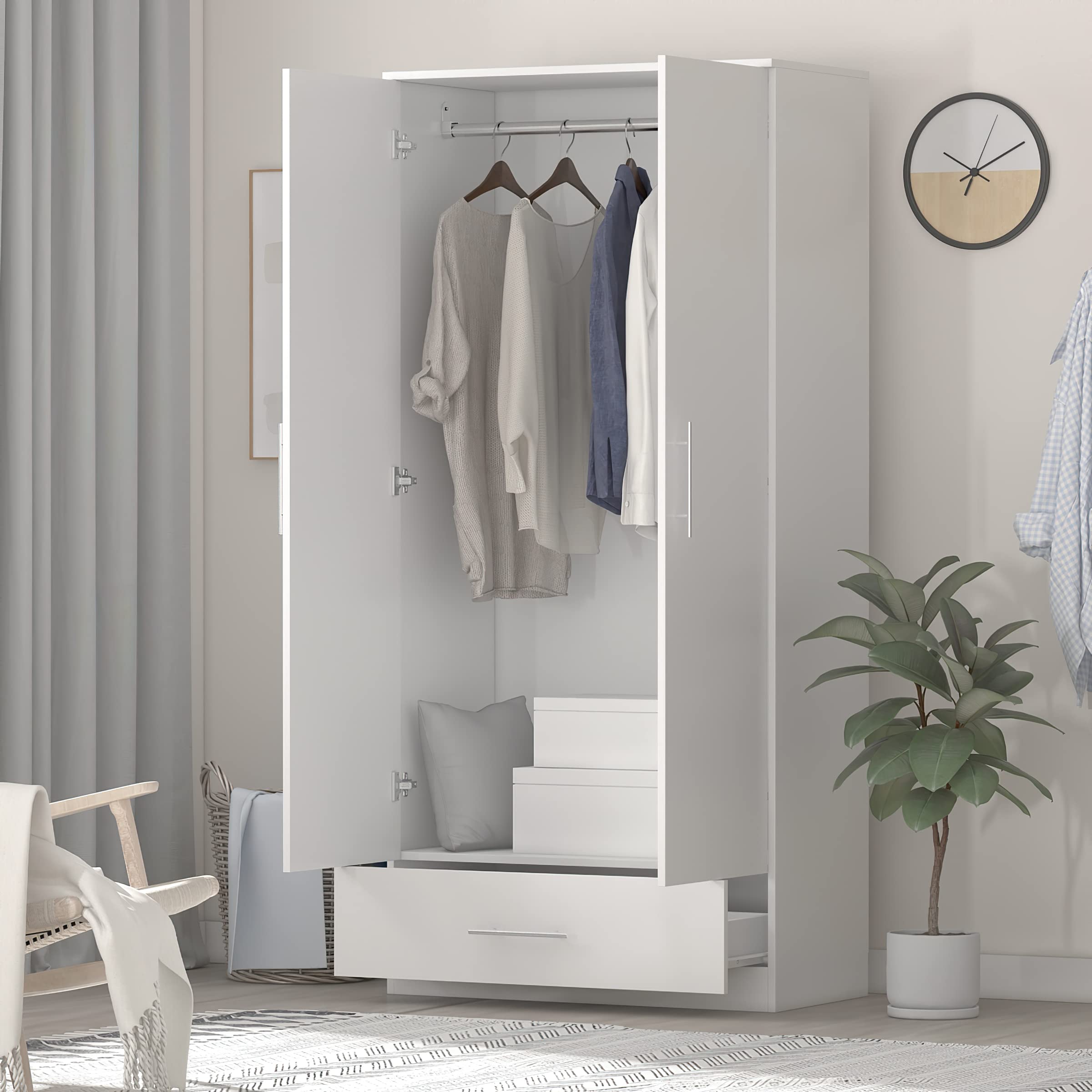 Hitow 2-Door Freestanding Wardrobe Closet with Drawer & Hanging Rod - White Bedroom Armoire Clothes Organizer (31.5