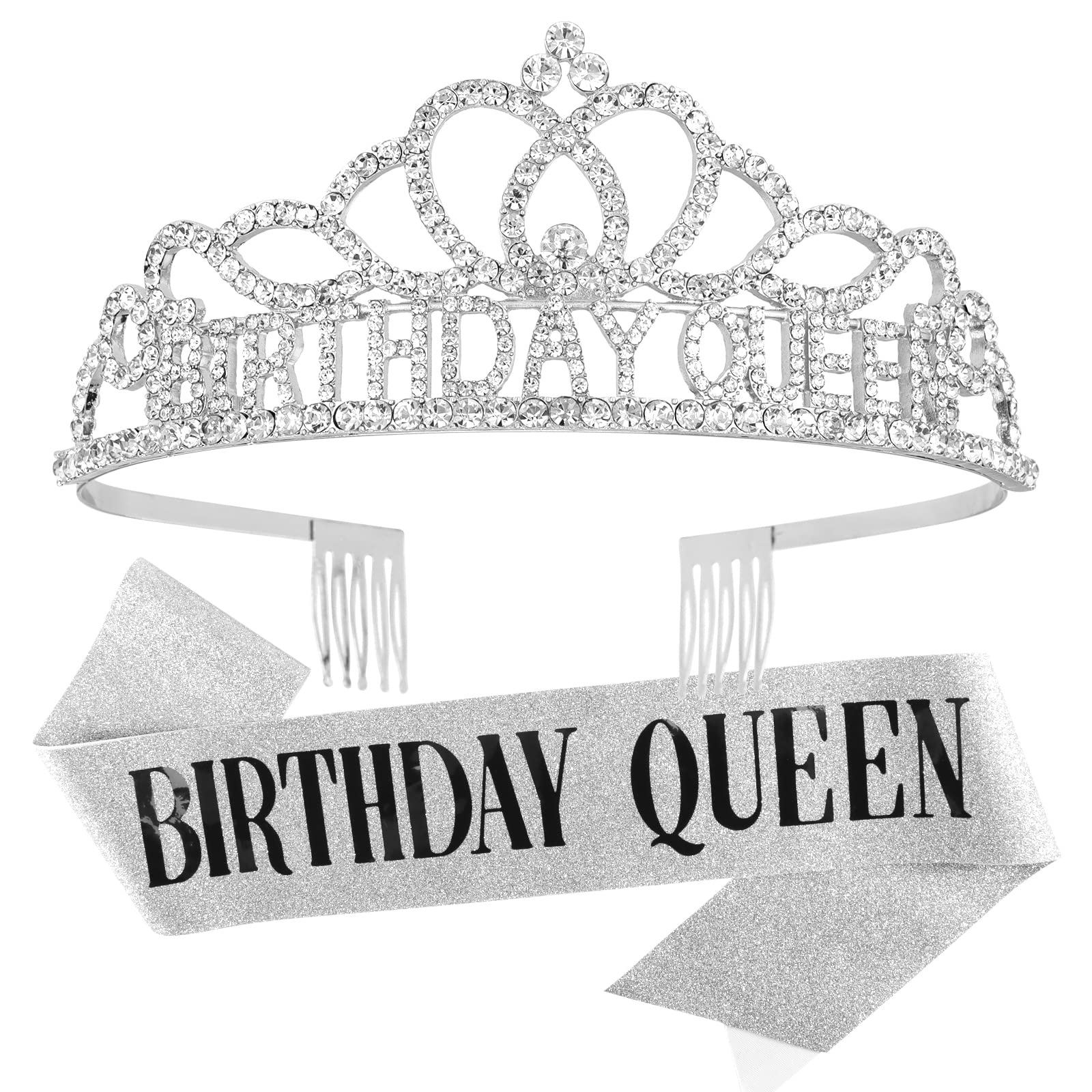 Silver Birthday Crown & Tiara Set for Women - Elegant Queen Sash & Crown for Birthday Parties, Bridal Showers, Bachelorette Events & Special Celebrations